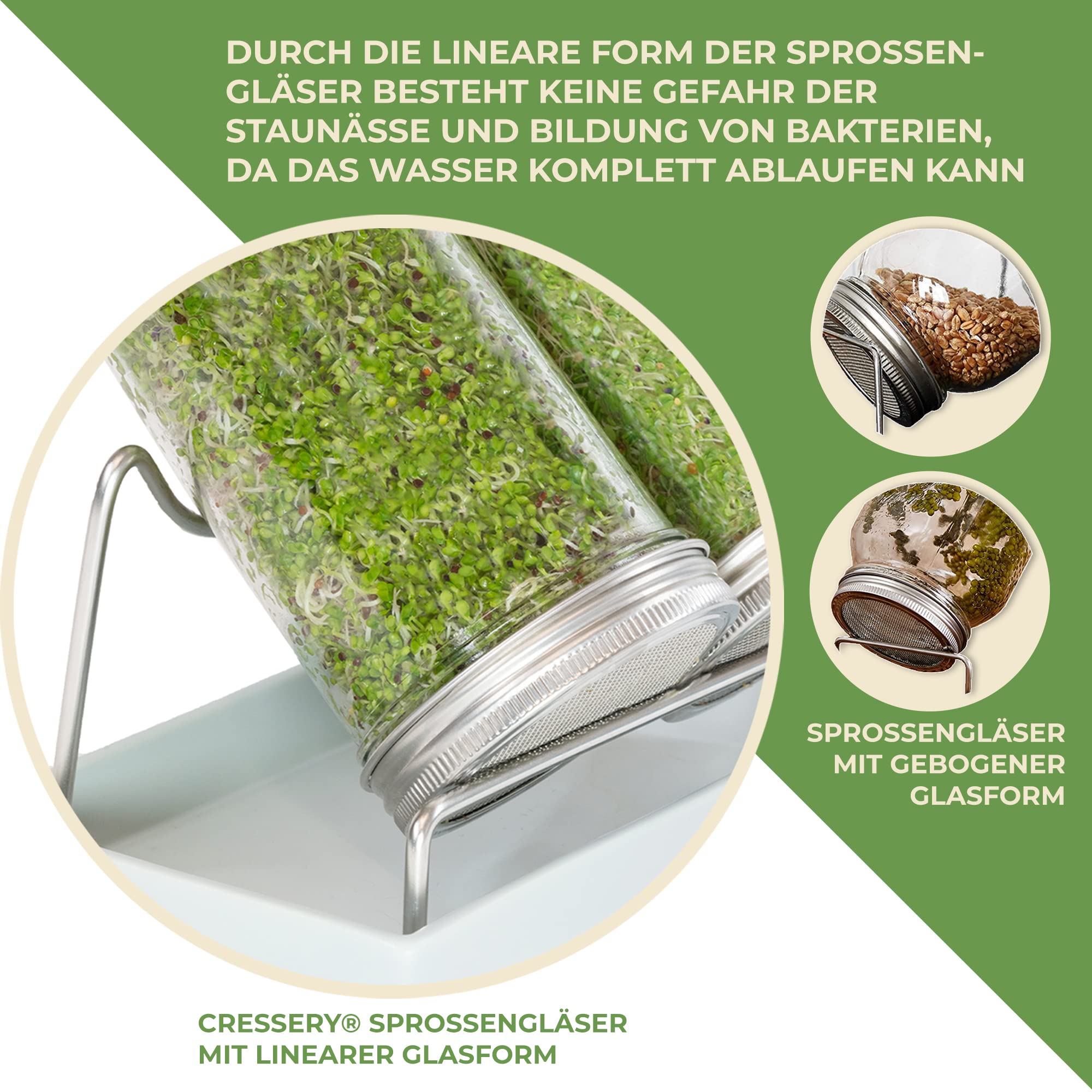 Lot de 3 bocaux à germer en verre - Gris - Avec couvercle et passoire en acier inoxydable de qualité supérieure - Pour la culture des pousses - Pour germer les échelons