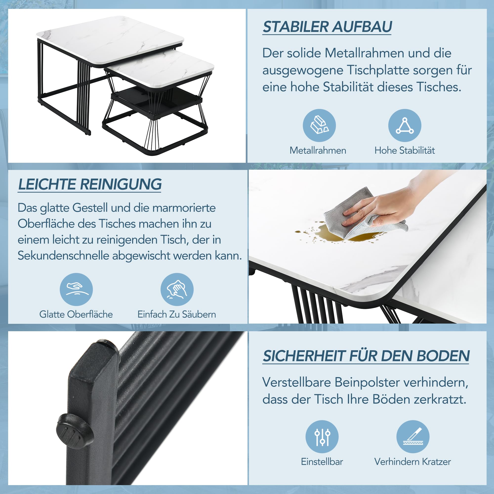 Merax Quadratisch Couchtisch 2er Set, Moderne Wohnzimmertisch mit Marmoroptik, Hochglänzend Satztisch mit Stauraum, für Wohnzimmer, Balkon und Büro, Metallgestell, Weiß und Schwarz