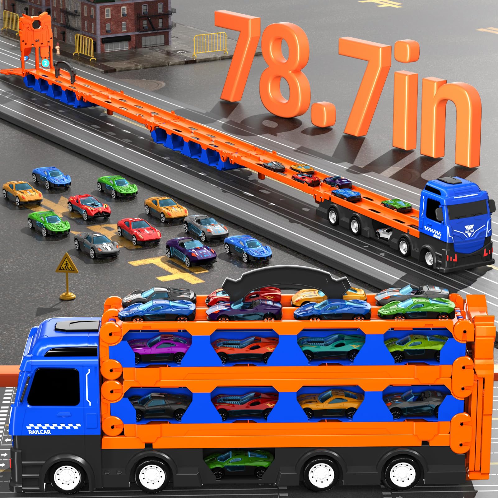 Ci Vetch 78-Zoll Autos LKW Spielzeug für Kleinkinder 1-7 Jahre, Transport-LKW Mit 24 Pcs Druckguss Autos, Geschenke für Jungen