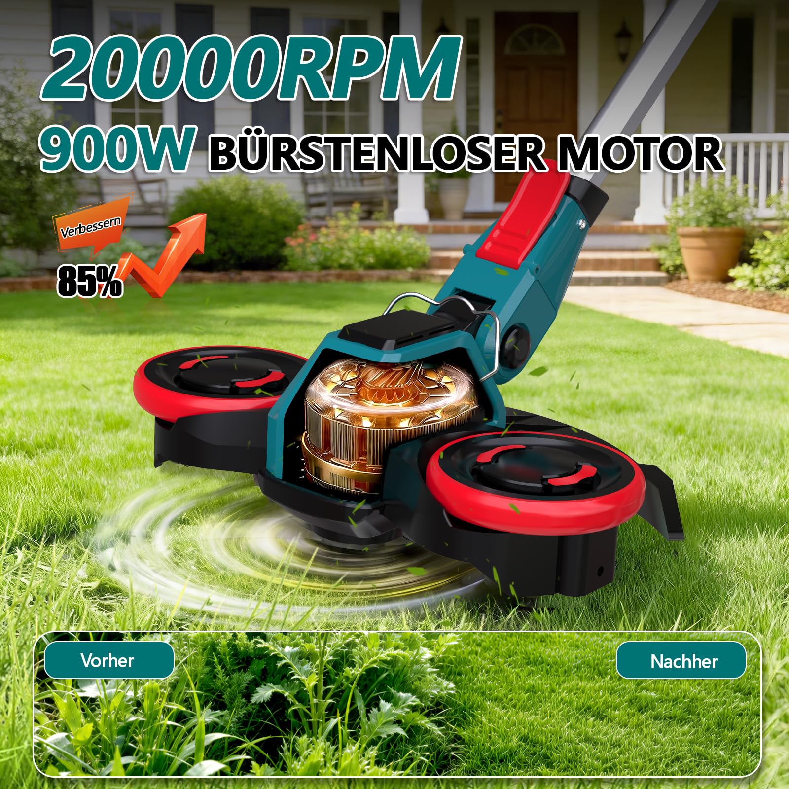 Akku Rasentrimmer mit Unkrautbürste, 21V Bürstenlose Rasenkantenschneide für Makita Akkus,4 in 1 Elektrischer Freischneider, Inkl. 2X4.0Ah Akku & Ladegerät für Garden Trimmen (Blau)