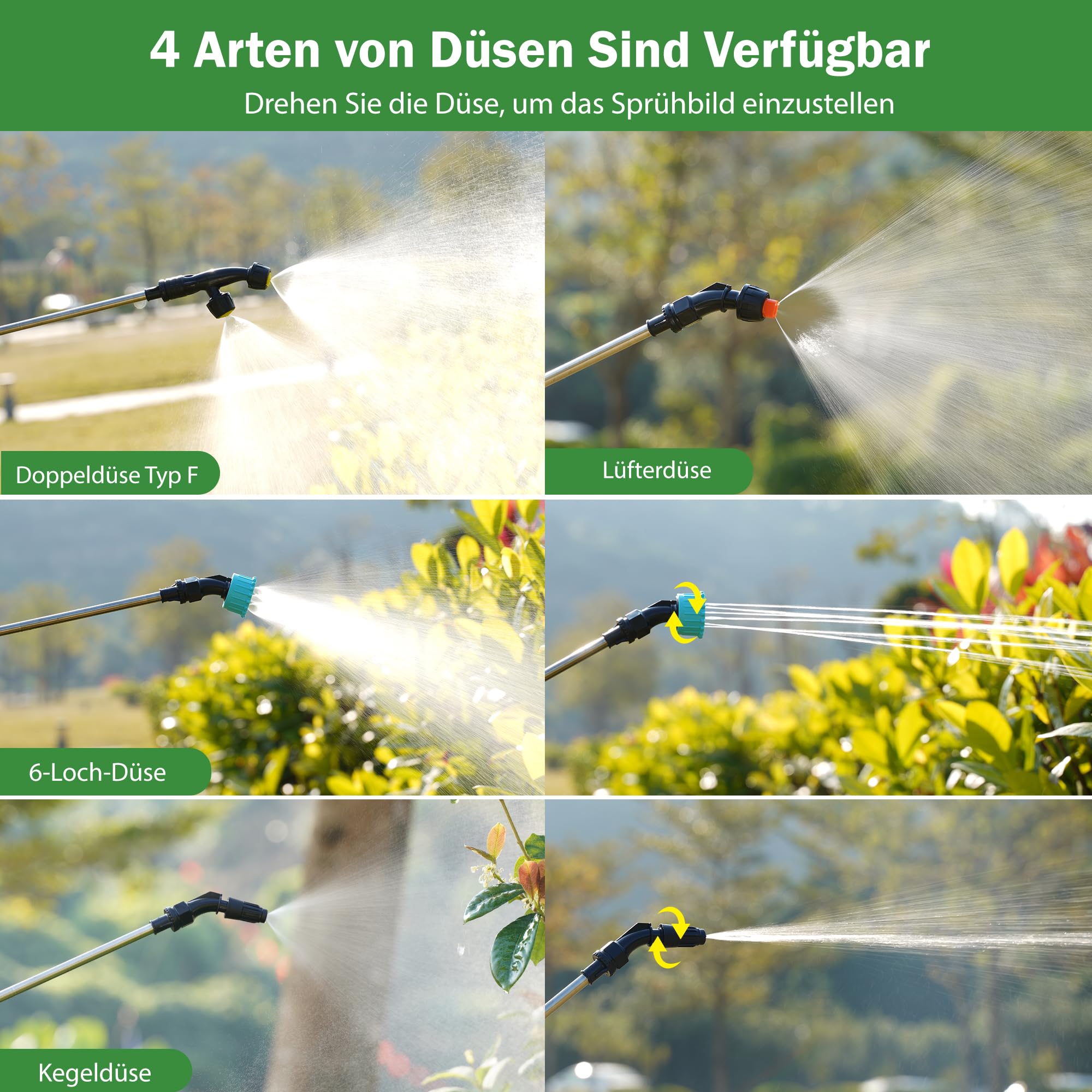 Drucksprüher Akku 8L, Elektrischer Pflanzensprüher mit 4 Nebeldüsen, Wiederaufladbarem Teleskopstab mit 3 Gang Einstellung, LED Anzeigetafel, Gartenspritze Sprühgerät Pflanzensprüher (Grün)