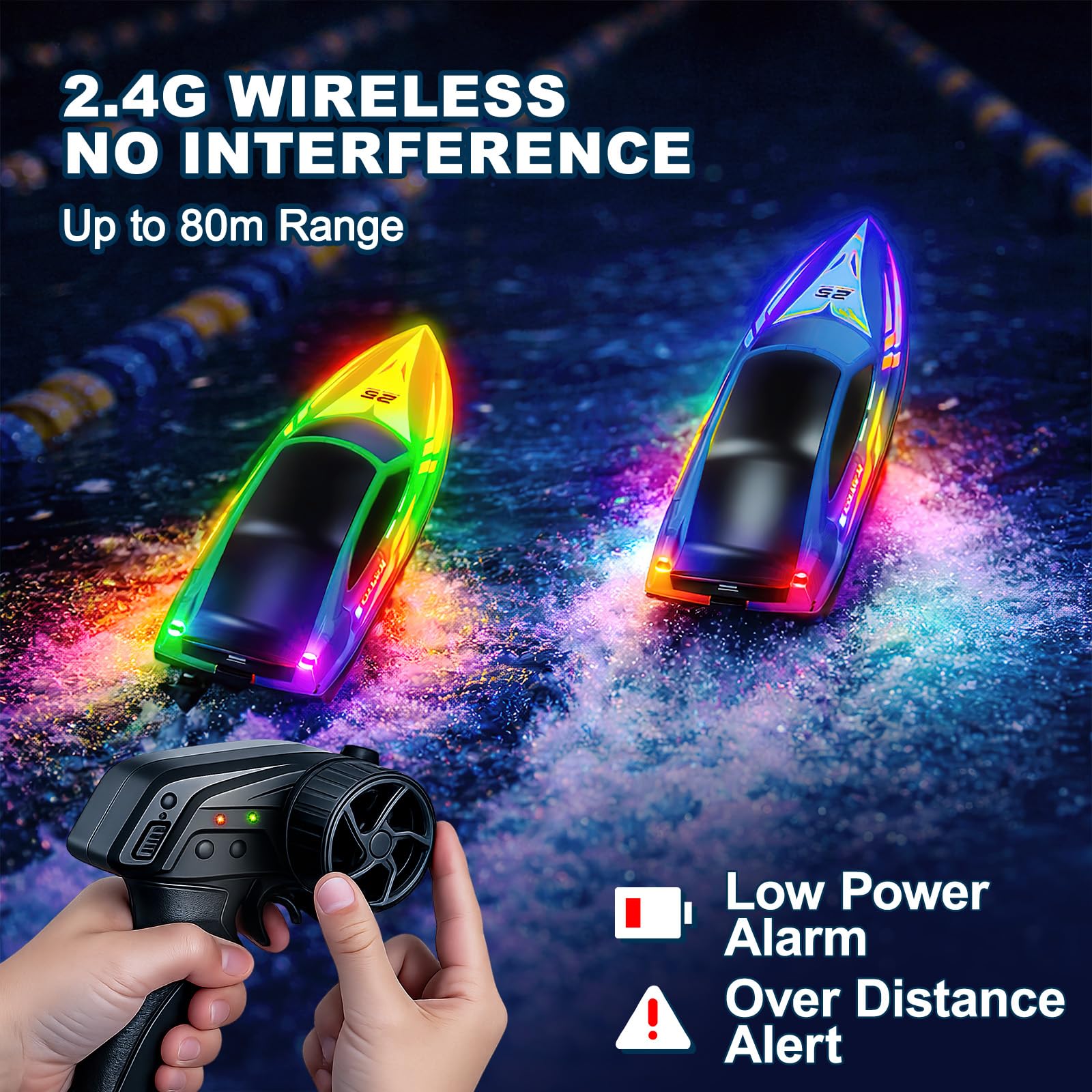 Barco Teledirigido RC 2 Unidades con Luces LED 7 Modos,hasta 15 km/h,Control Remoto 2.4GHz, Auto Flip, Alerta de Batería Baja y Distancia,4 Baterías, Barco RC Piscina y Lago, Regalo para Niños y Niñas