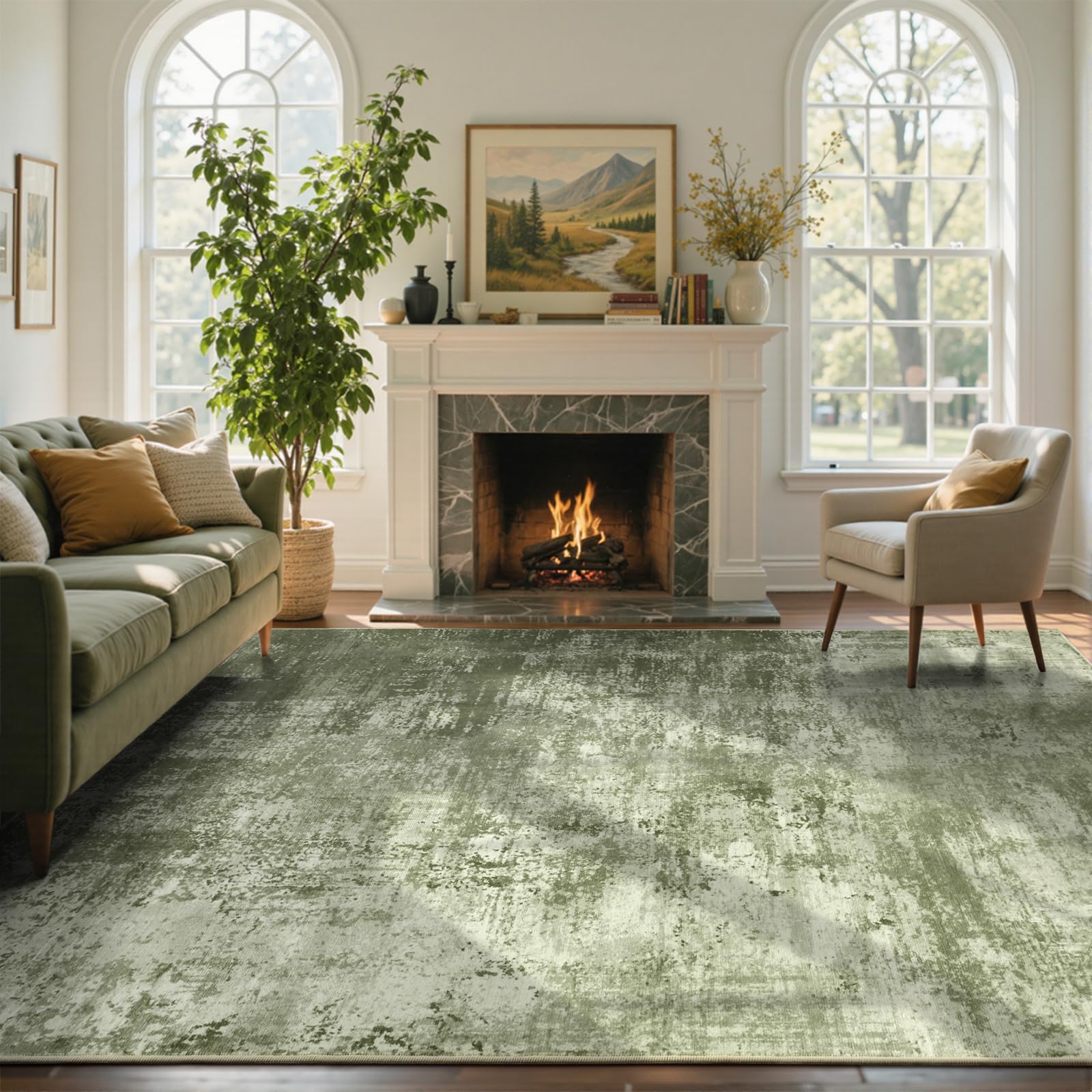 Photo 1 of 9x12 Ft Extra Large Washable Area Rugs for Living Room, Soft Non-Slip Modern Abstract Pattern Carpet for Bedroom Indoor Floor Nursery Home Decor (Green)