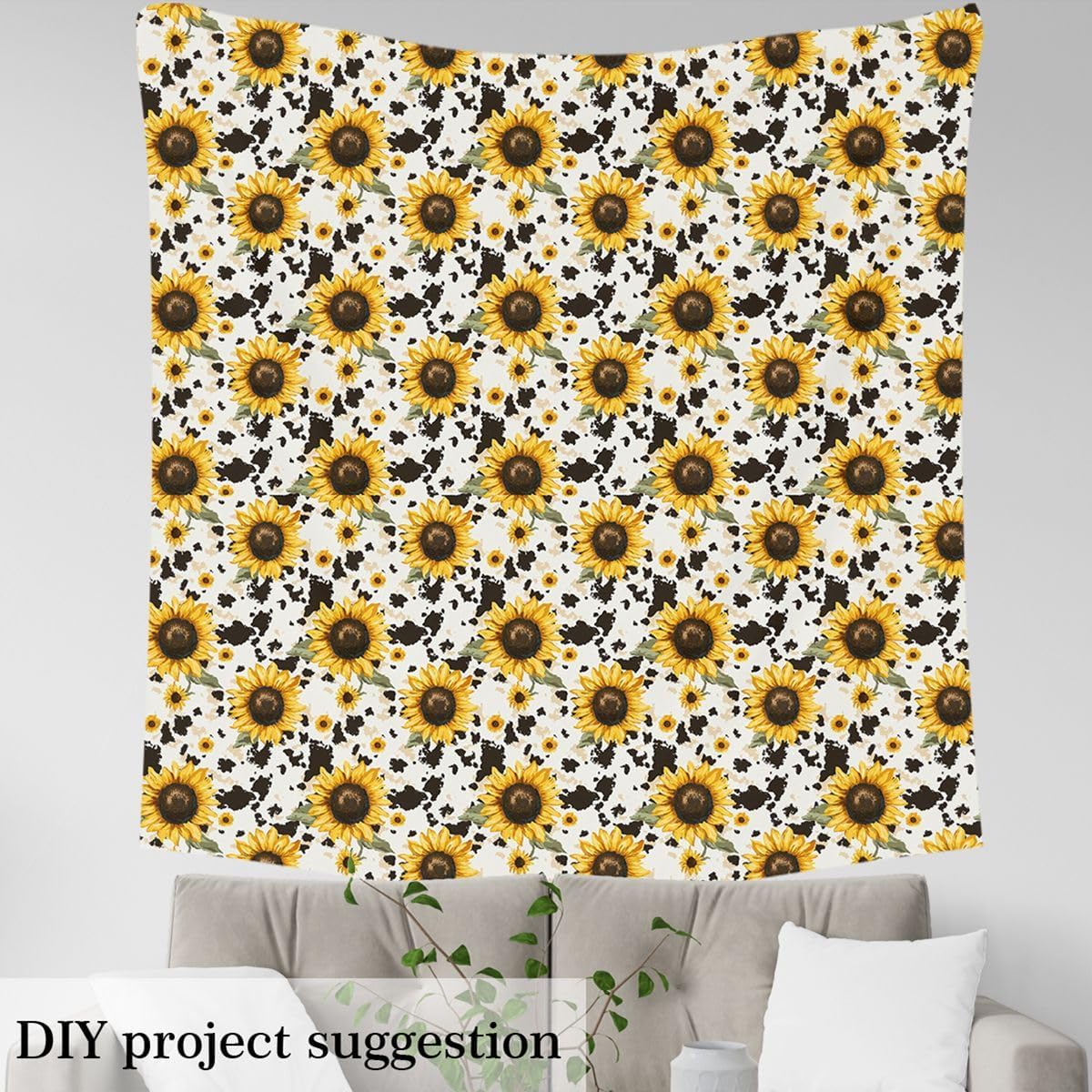 Sunflower Cow Upholstery, Rustic Cowhide Brown Fabric by The Yard, Yellow Floral Outdoor, Wildlife Farmhouse Cow Animal Waterproof Upholstery and Home Accents 2 Yards