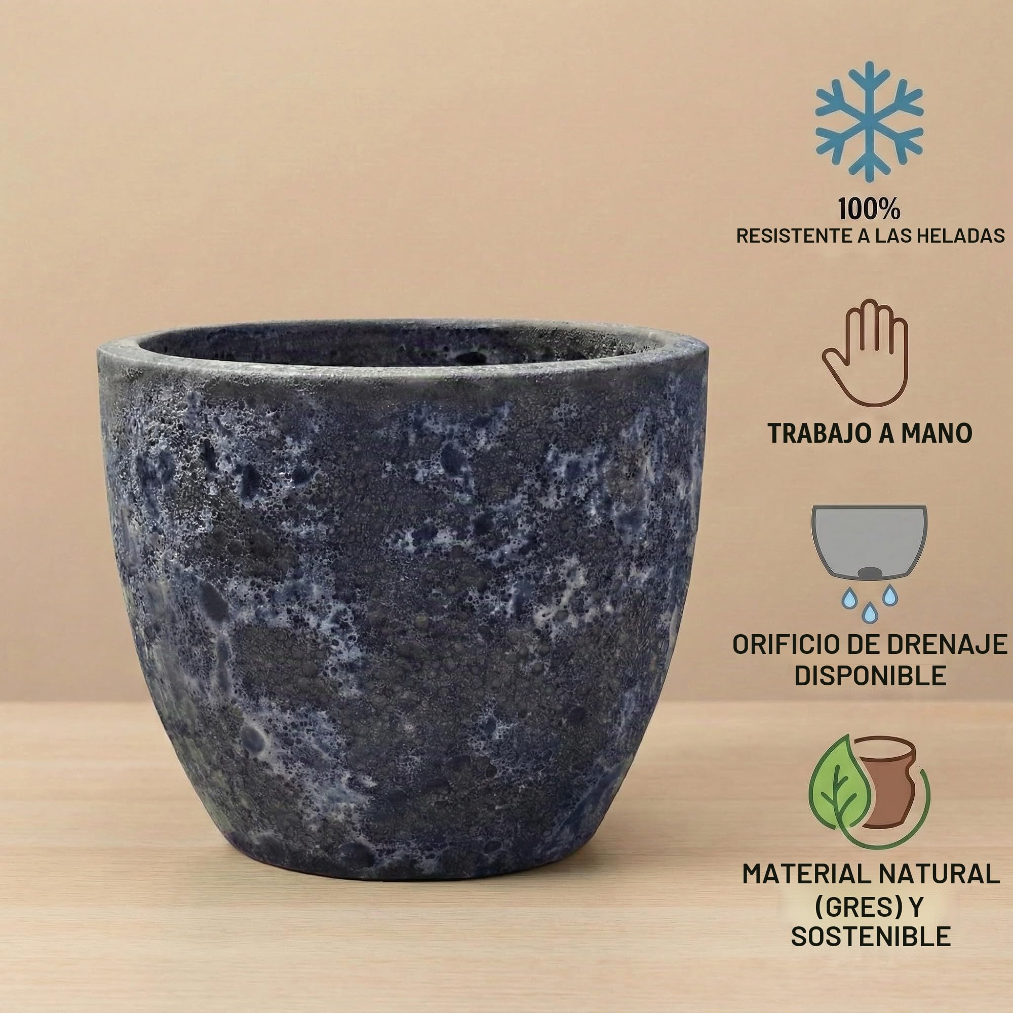 Teramico Macetero premium de cerámica esmaltada, 100 % resistente a las heladas y hecho a mano. Macetero con agujero para interior y exterior. Macetero de alta calidad, único, resistente al invierno