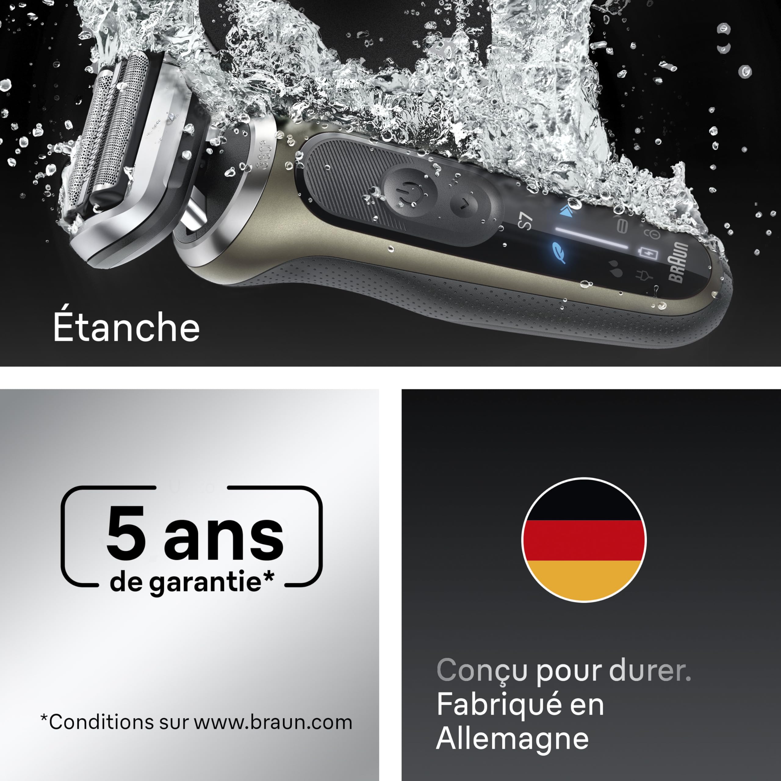 Braun Rasoir Electrique Homme Series 7 72-C7200CC Or | Etanche, 3 Modes de Rasage, Lames Flexibles, sans Fil, Etui de Voyage, Station Nettoyante, Accessoire Tondeuse de Précision