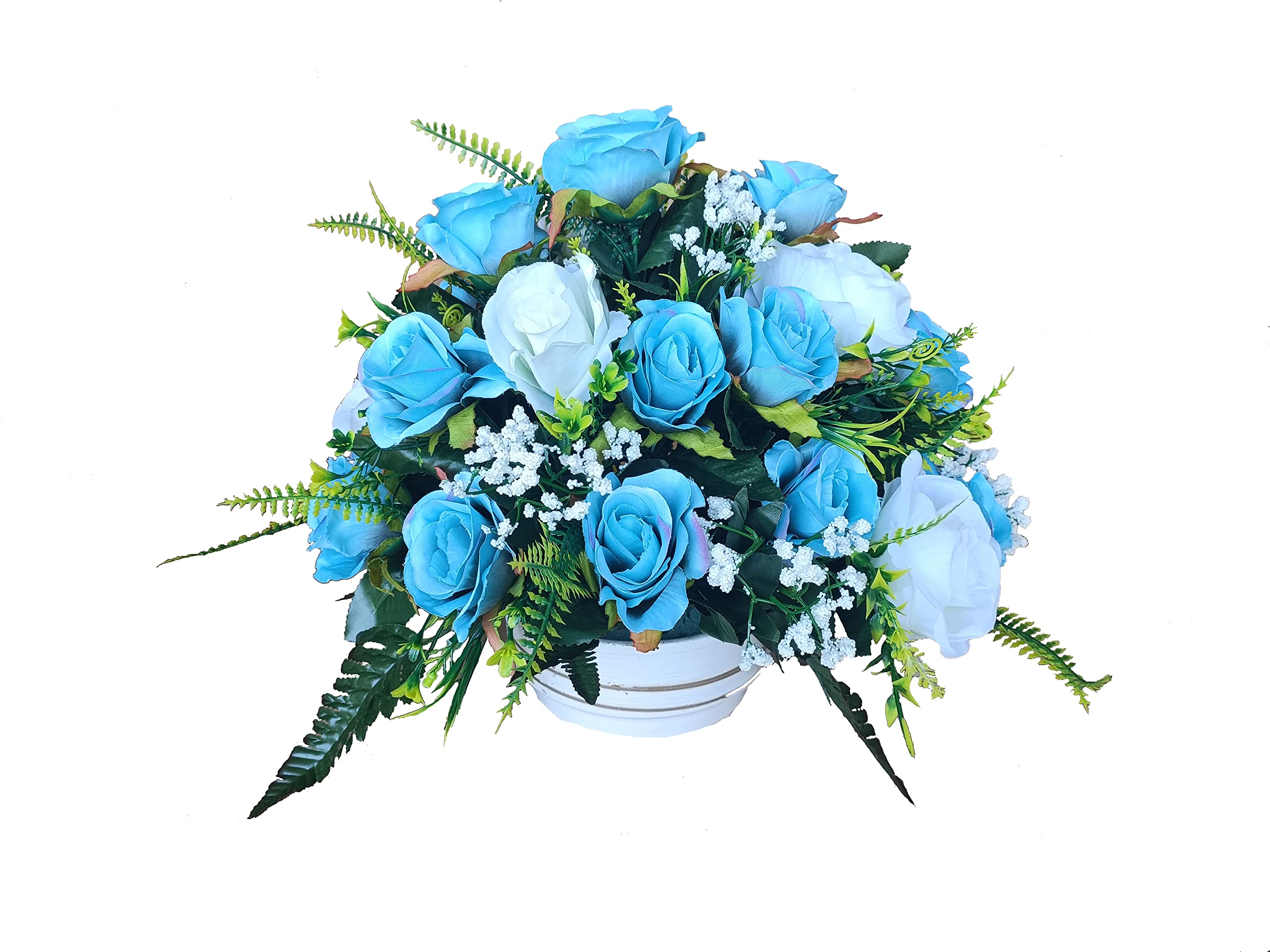 DRW Centro de Flores Artificiales Cementerio, Santos, Aniversarios Redondo Rosas Azules y Blancas 40 cm diámetro x 33 cm Alto