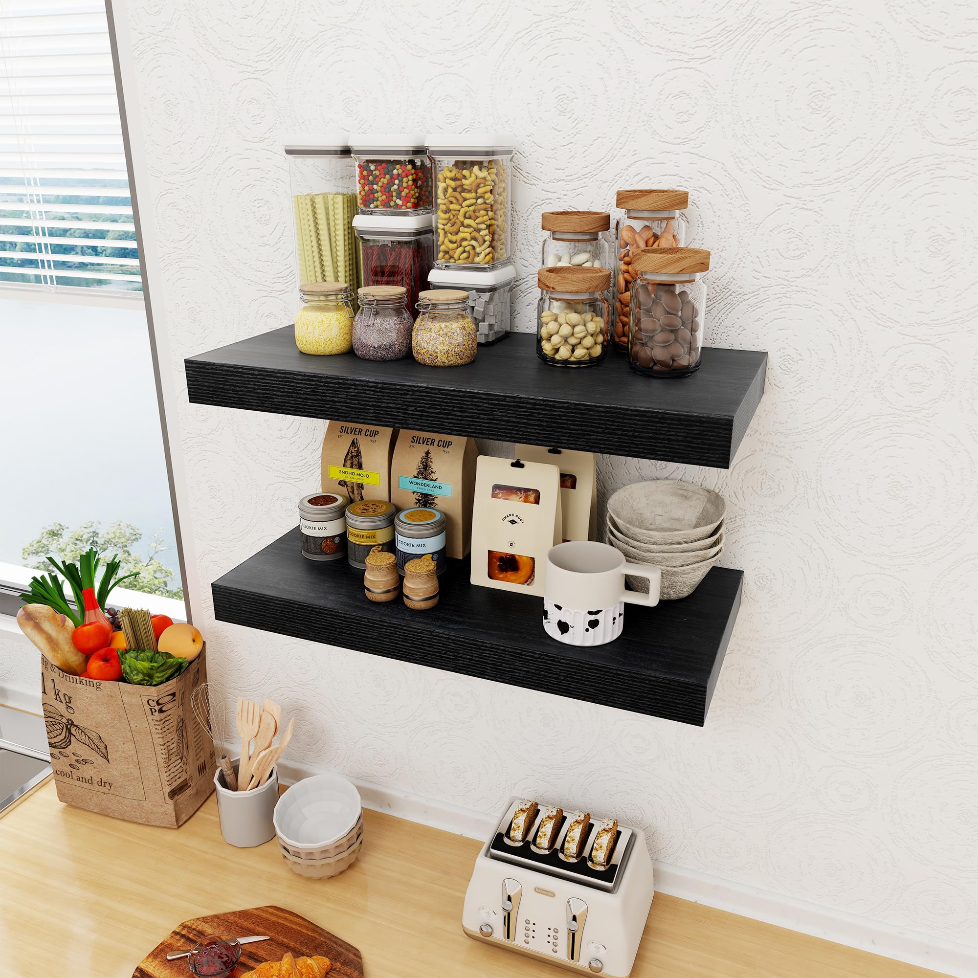30,5 cm tiefes schwarzes Schweberegal, 61 x 30,5 cm, schwebendes Regal für Bücher, rustikales Holz, tiefe Wandregale für Zuhause, Aufbewahrung und Display, 5,1 cm dicke Regale für Küche, Wohnzimmer