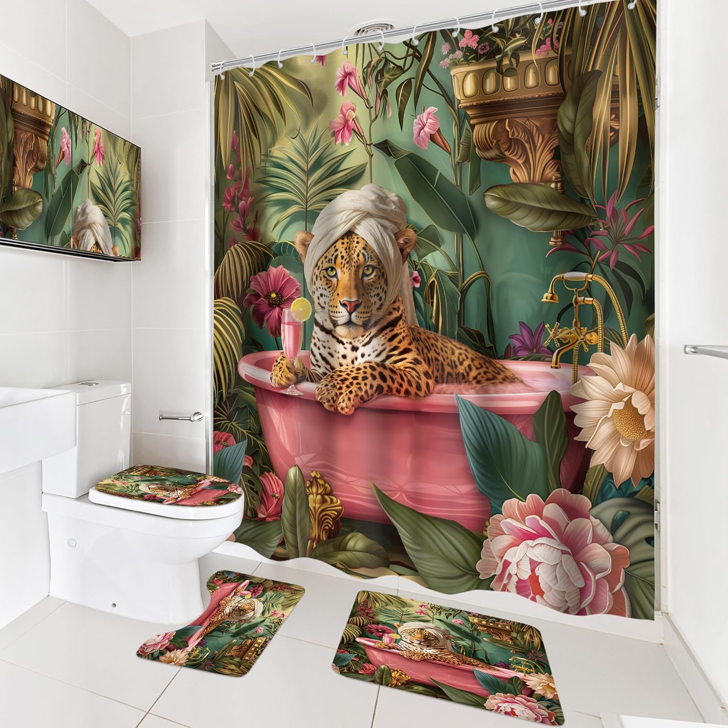 Cinbloo 4Pcs Leopard Cheetah Shower Curtain Set, Hot Pink Wildlife in Bathtub Vintage Jungle Animal Tropical Bathroom Curtain with Rug, Toilet Lid Cover, Bath Mat, Retro Shower Curtain with 12 Hooks