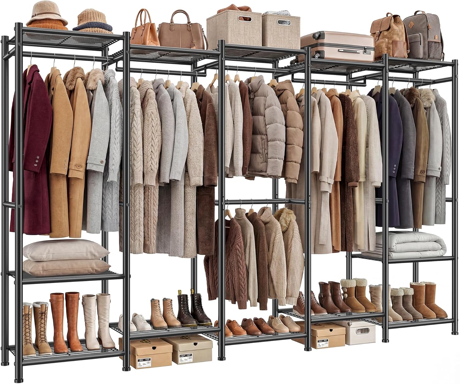 Raybee Clothes Rack, Clothing Racks for Hanging Clothes, Heavy Duty Clothes Rack, Portable Closet Rack, Freestanding Wardrobe Closet, Metal Garment Rack with Shelves, Black