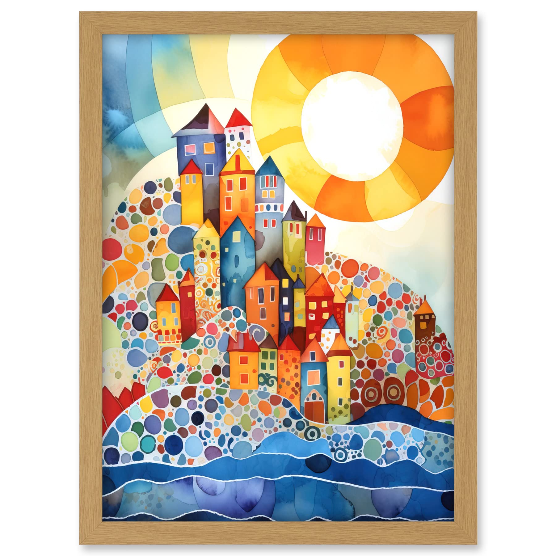 Artery8 Abstract Seascape Sunrise Village Folk Art Artwork Framed A3 Wall Art Print