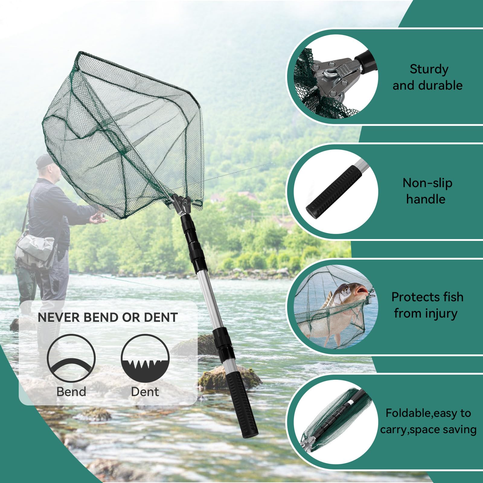 FoiiLiio Red de Pesca,130cm Red Pesca de Trucha Telescópica con Mango Largo Ajustable,Plegable y Portátil para la Pesca de la Trucha,la Perca y la Carpa