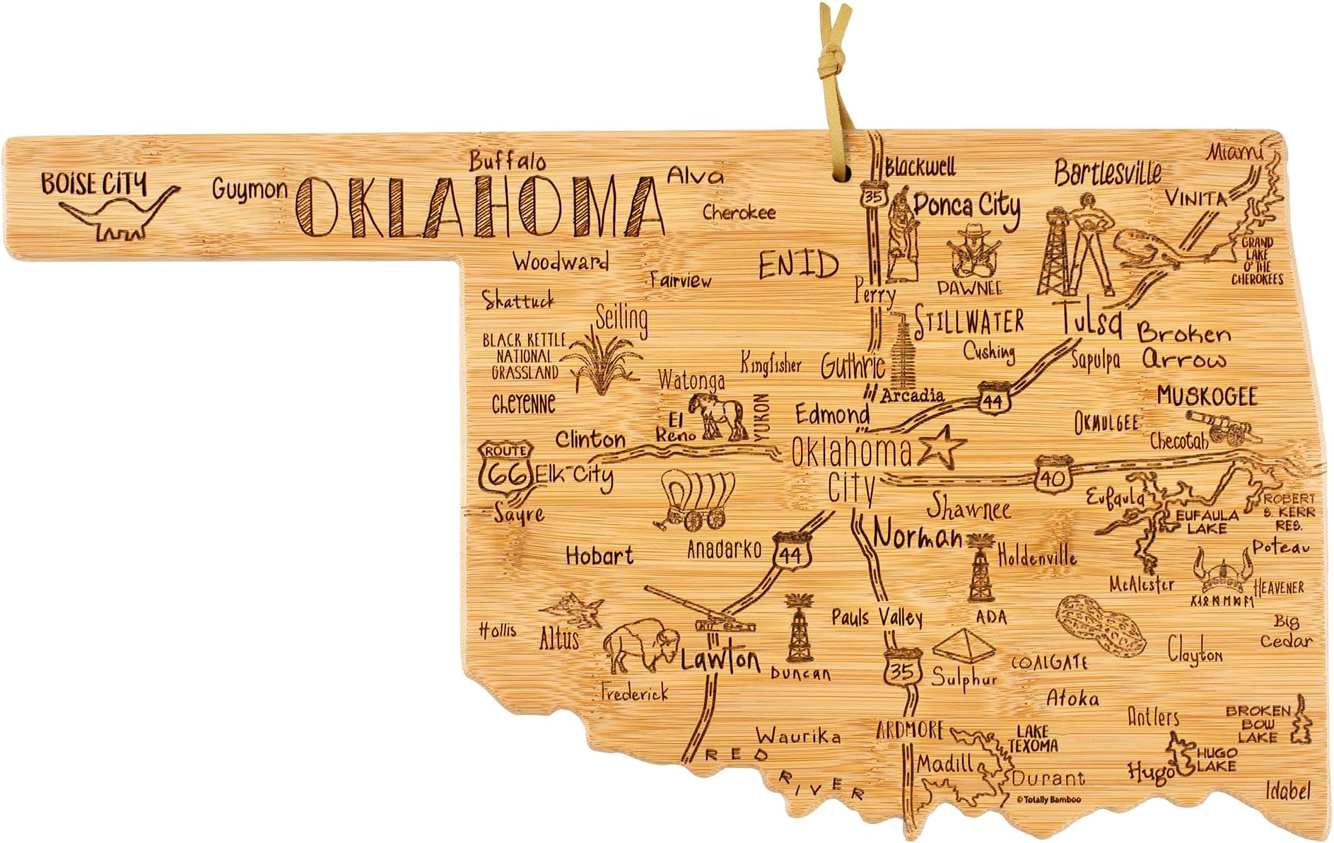 Destination Oklahoma Shaped Cutting Board – Bamboo Charcuterie and Serving Board with Hang Tie for Wall Display