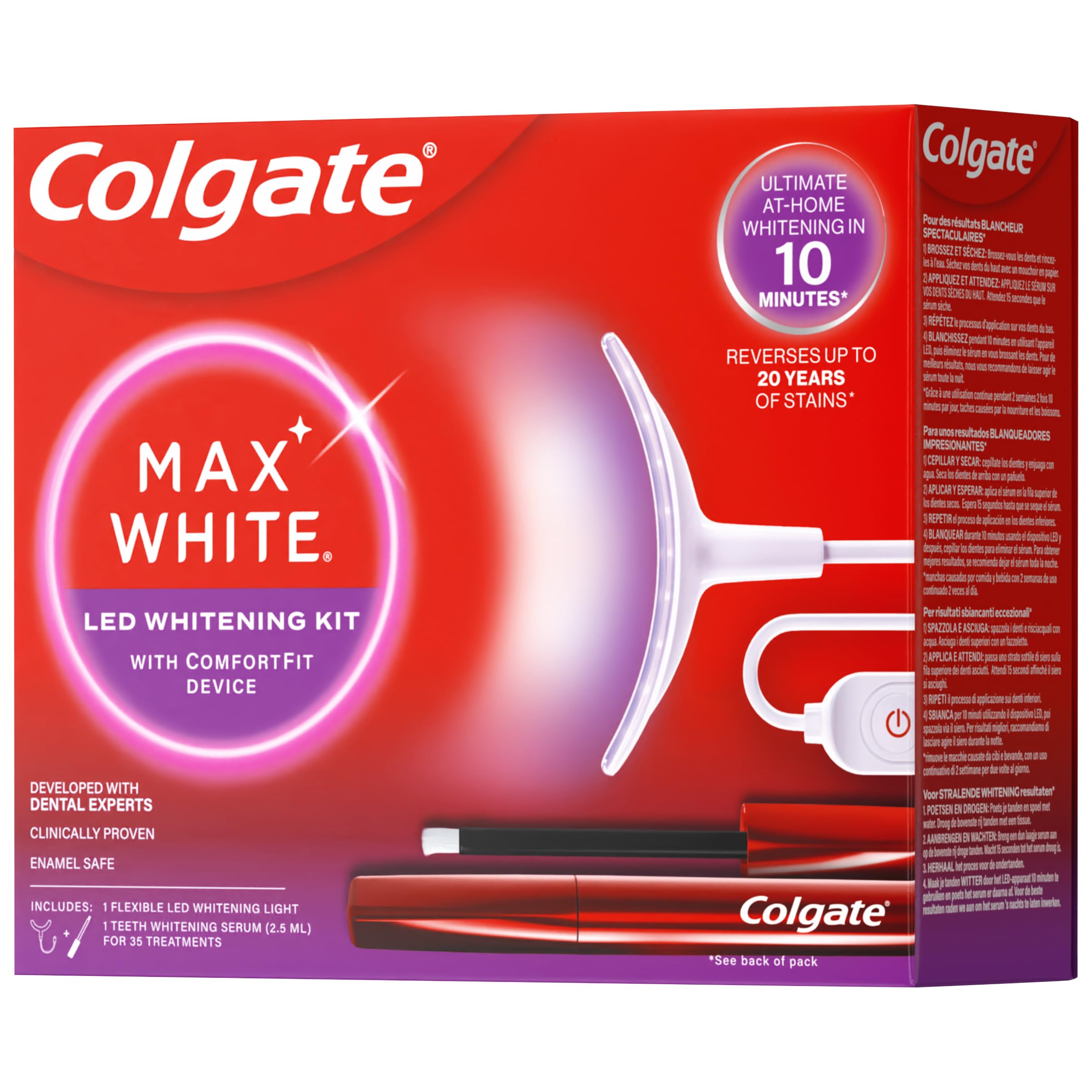 COLGATE Max White Ultimate Kit de Blanqueamiento Dental LED en Casa, Seguro para el Esmalte, Revierte hasta 20 Años de Manchas, Incluye Pincel Blanqueador