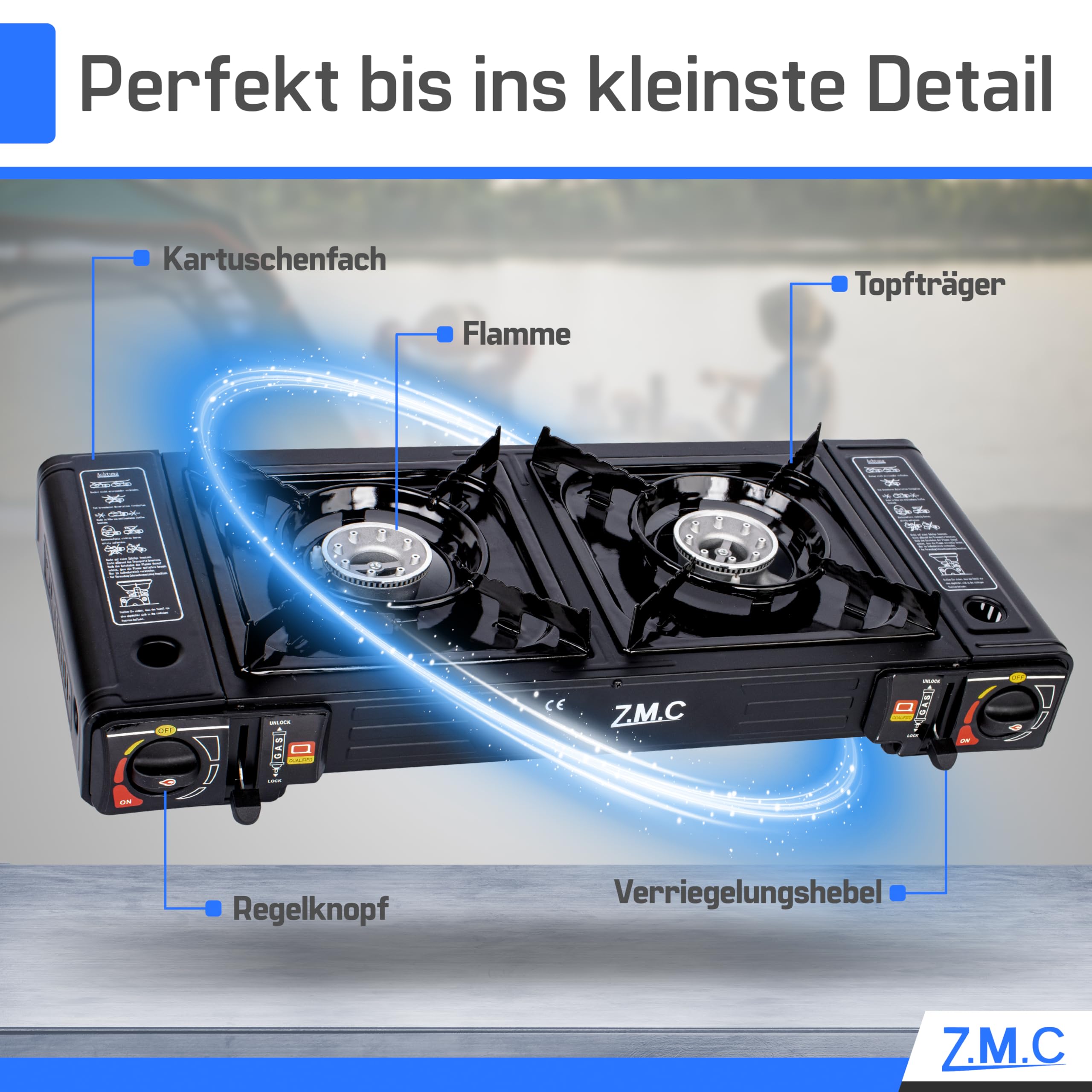 Z.M.C ZMC - Fornello a gas da campeggio, a 2 luci, con adattatore per connettore LPG + piastra 45 x 24 cm + 8 cartucce di gas da 227 g, fornello da campeggio con accensione piezoelettrica