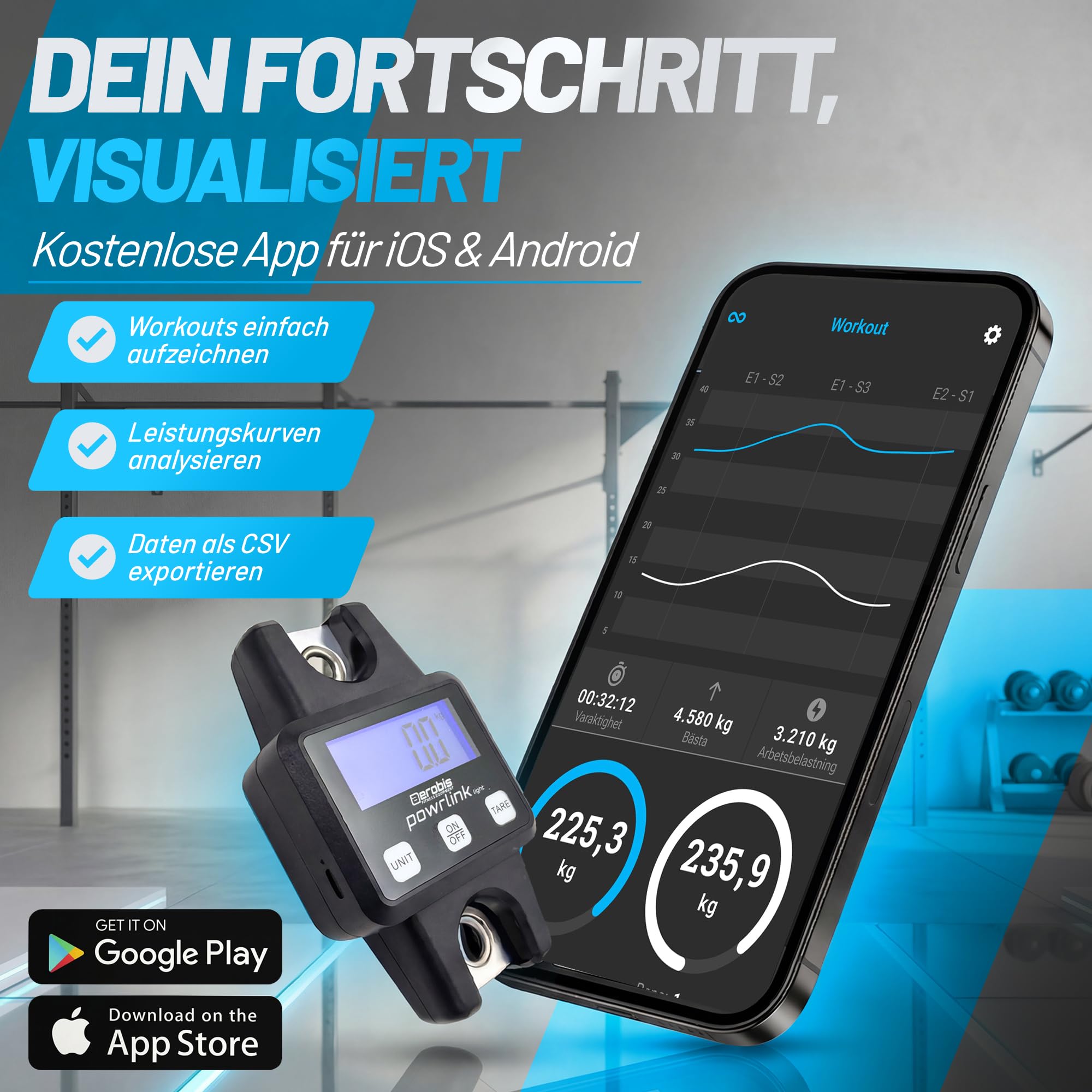 aerobis® Powrlink Light – Fitness Tracker bis 600 kg – Echtzeit-Kraftmessung & Maximalkraft-Testgerät – Tragbar, Präzise & Appgesteuert – für Seiltrainer, Slingtrainer & Powerbands