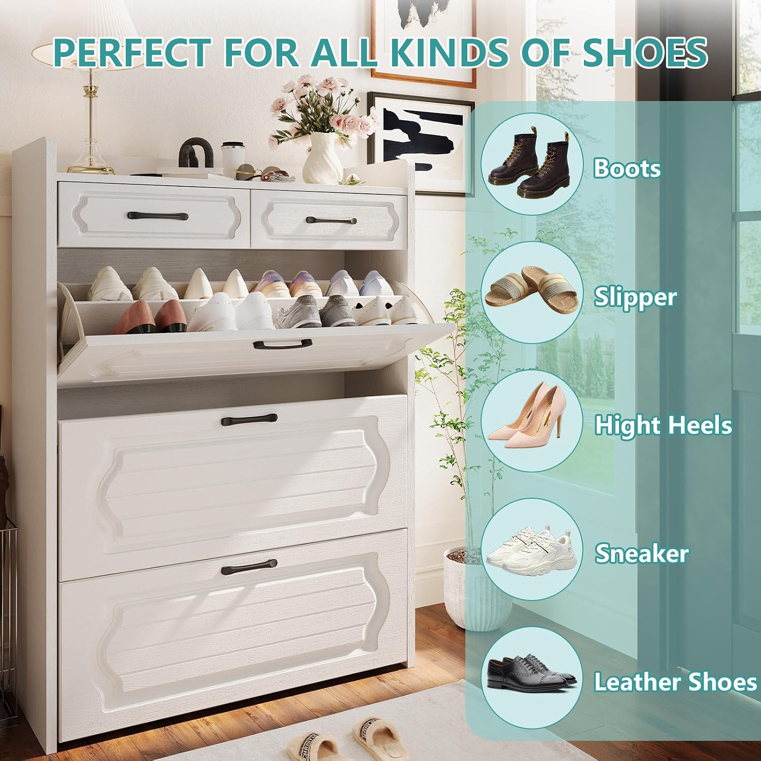 ODUWA Shoe Cabinet with 3 Flip Drawers and 2 Storage Drawers, Shoes Organizer Cabinets with Adjustable Divider, Hidden Shoe Storage Cabinet for Entryway, Hallway, White