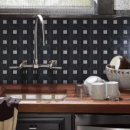 Miniatura 3 de YMMXGE Azulejo de 5 hojas para salpicaduras de despegar y pegar, adhesivo de metal autoadhesivo, azulejos de mosaico de aluminio cepillado para