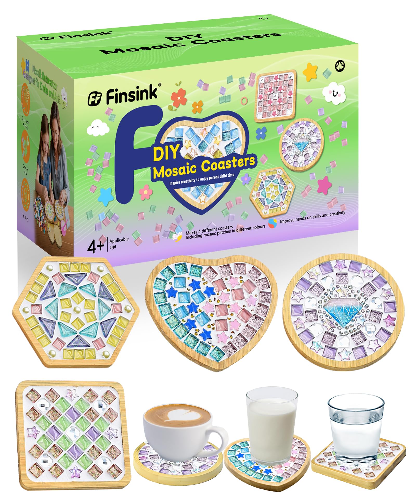 Finsink Mosaik bastelset kinder 4pcs mosaik untersetzer bastelset diy holz untersetzer Set Mosaiksteine zum basteln set Geburtstagsgeschenke für Kinder