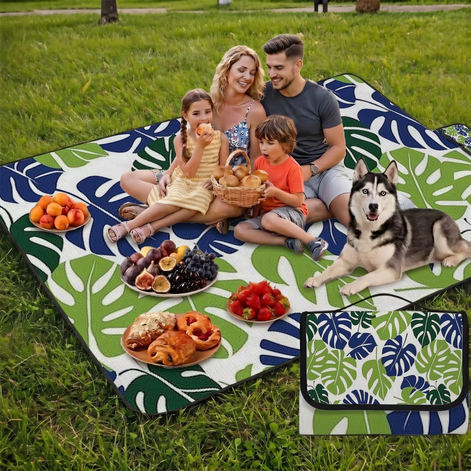 Coperta de Picnic Grande 200x200 cm,Blu navy Manta Picnic Impermeable Anti-Sabbia Manta de Playa Pieghevole,Outdoor Picnic Blanket per Spiaggia,Camping,Giardino,Trekking - piante tropicali (2) FZ-55