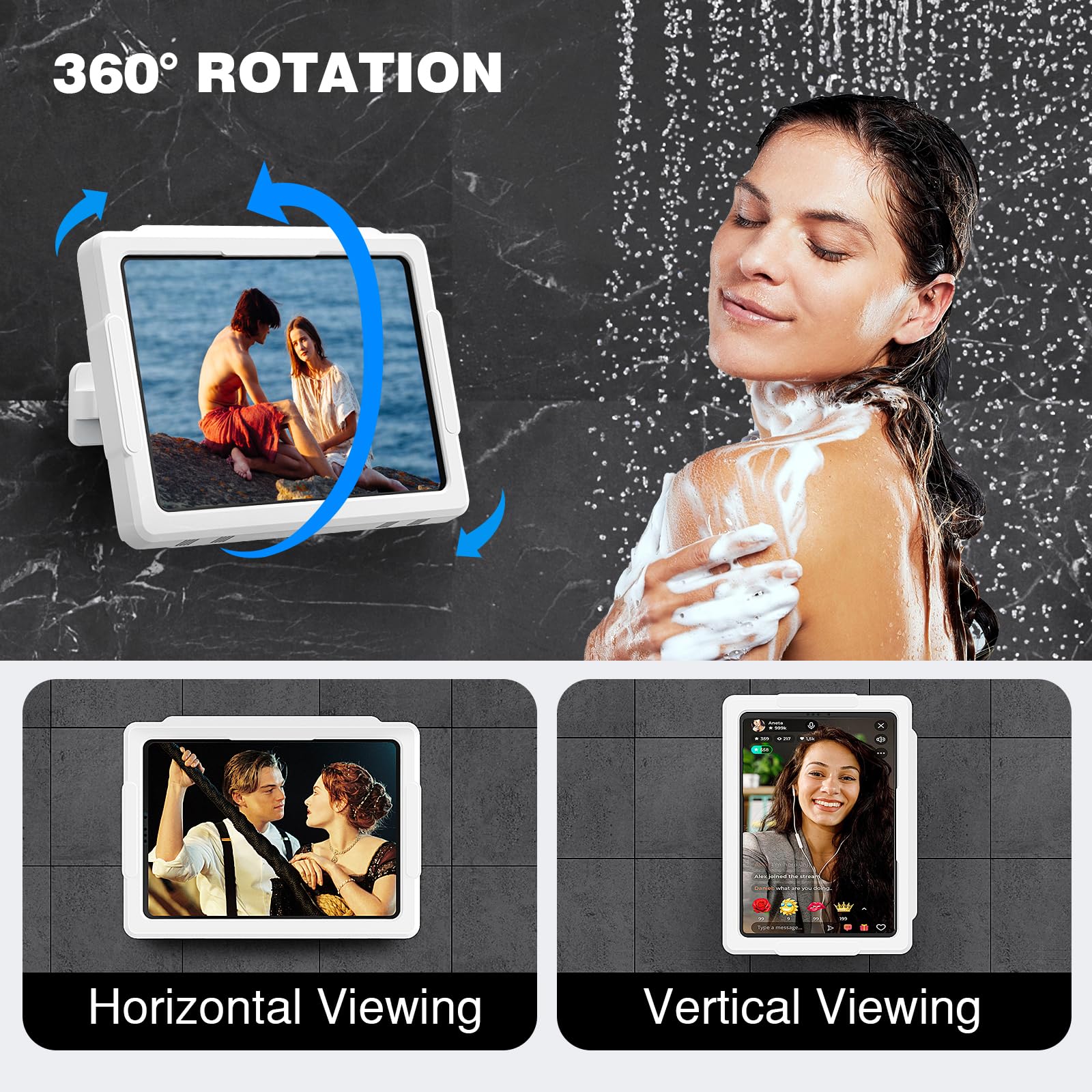 MoKo Soporte para Tablet de Ducha, Caja Elástica Impermeable para iPad y Todos los Dispositivos de hasta 11", Soporte de Pared para Tablet con Rotación 360º, Pantalla Táctil Antivaho para Baño Cocina