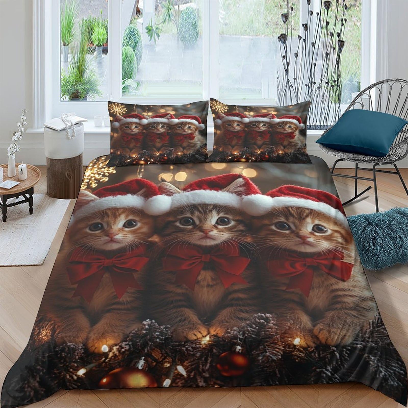 Ctjqhvkz Style-3 3D Printed Christmas Cat Fitted Sheet Microfiber Soft Red Hat Bed Cover For Bedroom Dorm Mattress Protection Decor Single（135X200cm）