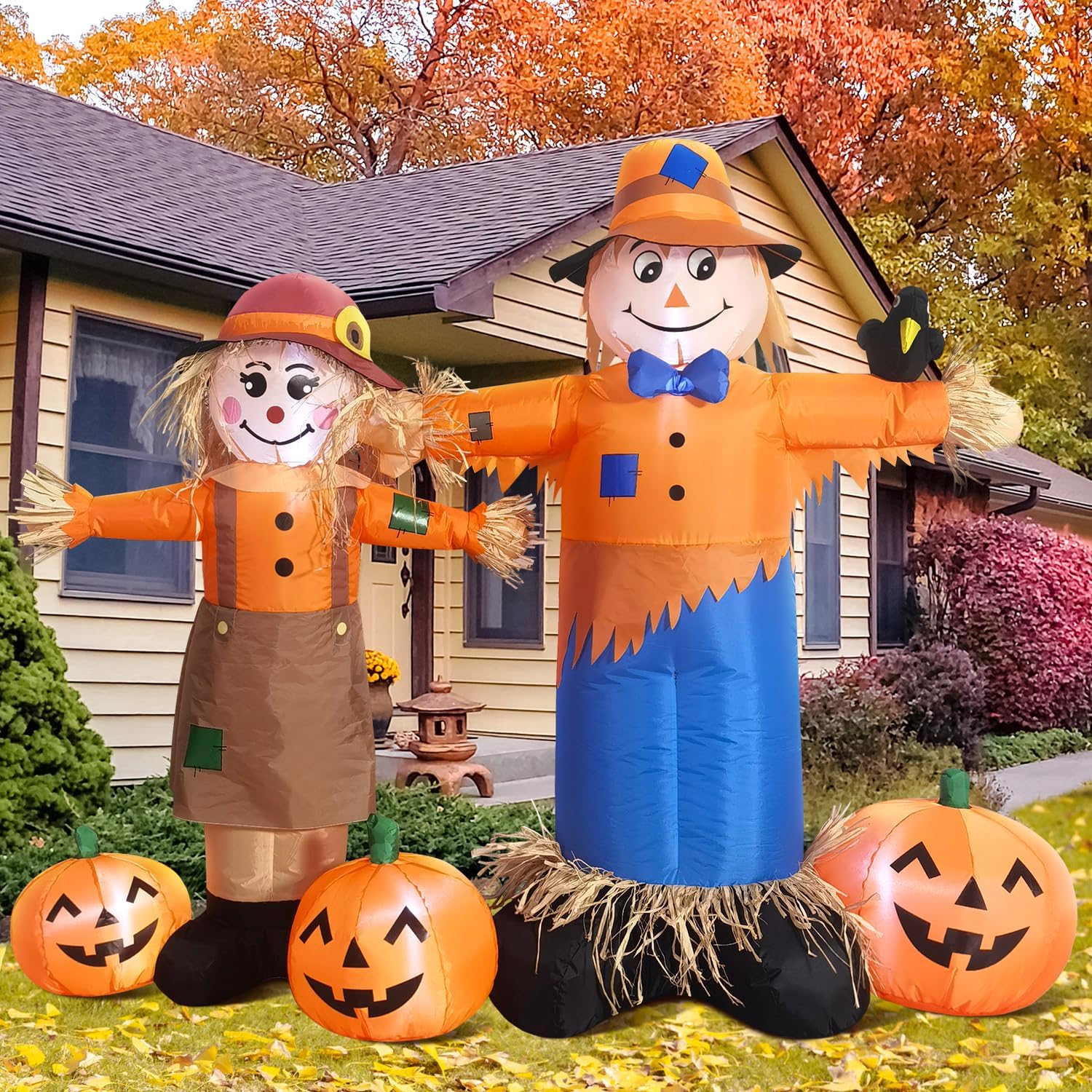 DomKom 6ft Long Inflatable Scarecrow and Pumpkin – Halloween Thanksgiving Fall Yard Decoration with Built-in LED Lights Outdoor Blow Up Decor for Lawn, Garden, Party scarecrow-two