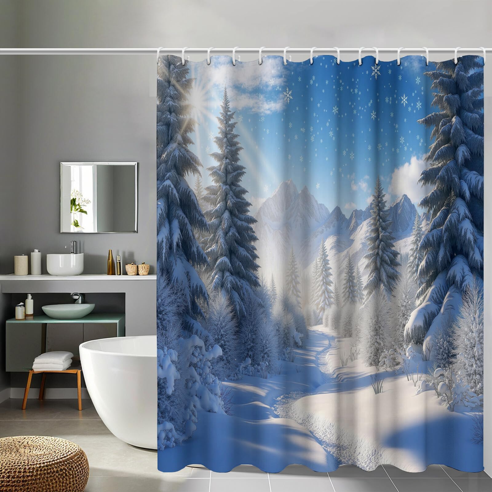 Rideau Douche,Rideau Baignoire Lavable en Machine Rideaux Douche Tissus Lavable Rideau De Baignoire Lavable pour Salle De Bain Domicile Baignoire Famille,Forêt De La Montagne Neigeuse,
