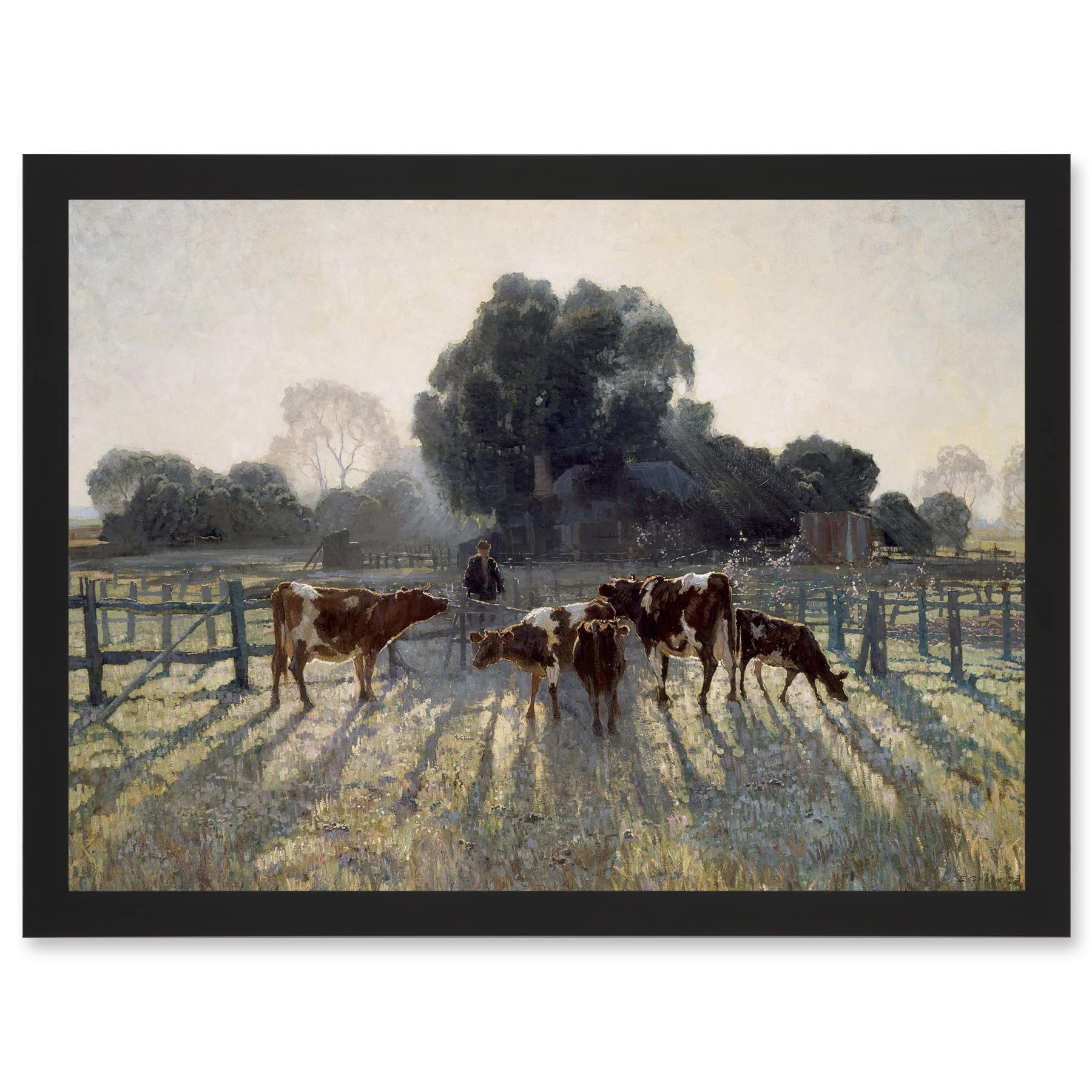 Artery8 Elioth Gruner Spring Frost Livestock Cows Australia Painting Artwork Framed Wall Art Print A4
