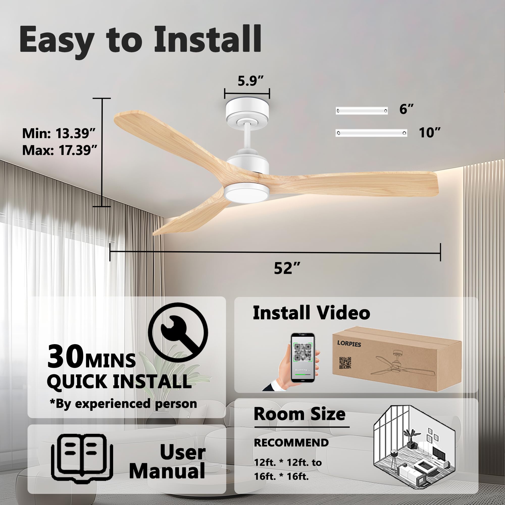 Ventilador de techo inteligente de madera de 52 pulgadas con luces largas, control por voz a través de WiFi Alexa, motor silencioso DC, ventilador de techo interior exterior último