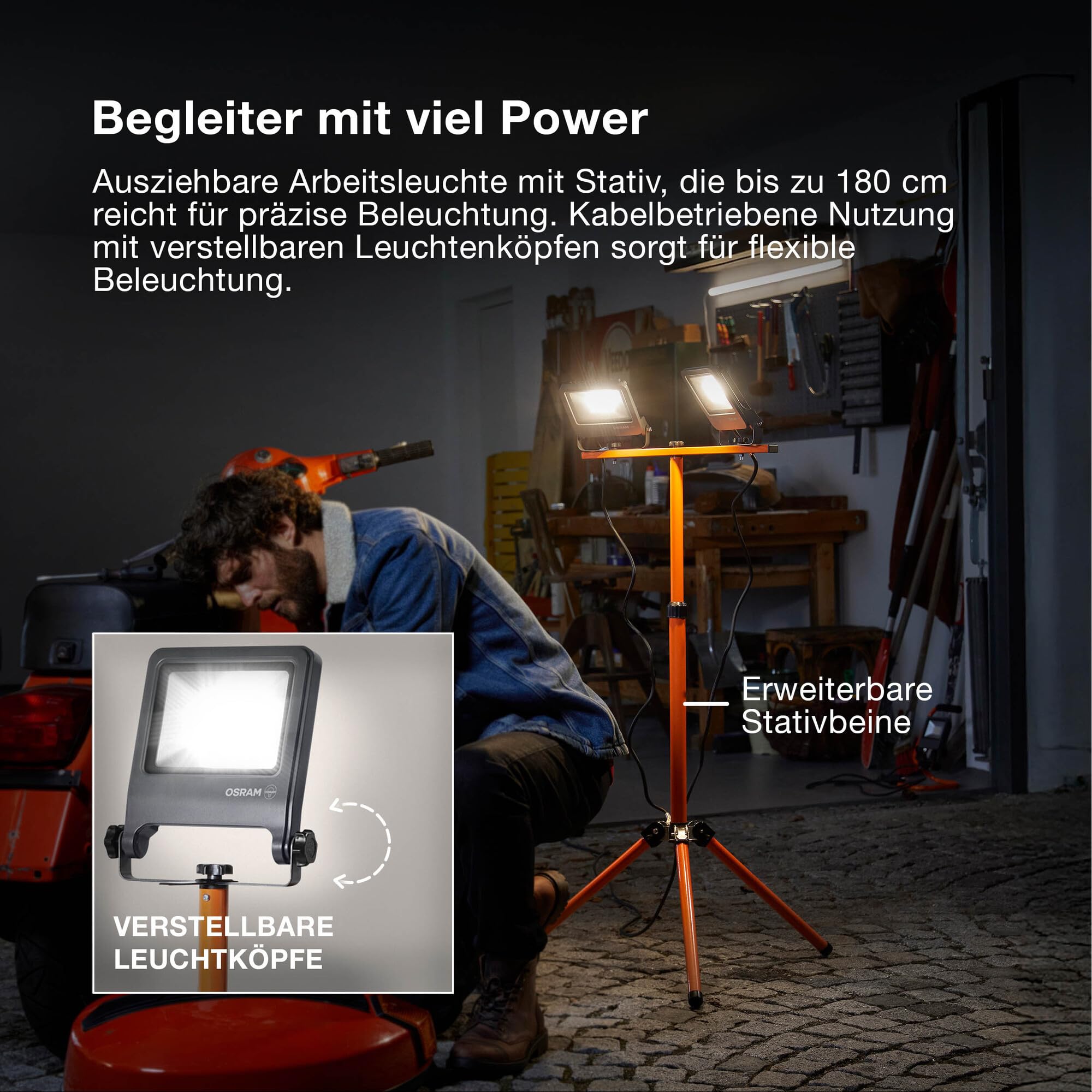 Osram LED Worklight Tripod Baustrahler mit Stativ, 2x50W, 9000lm, 4000K Kaltweiß, höhenverstellbar bis 1,8m, IP65