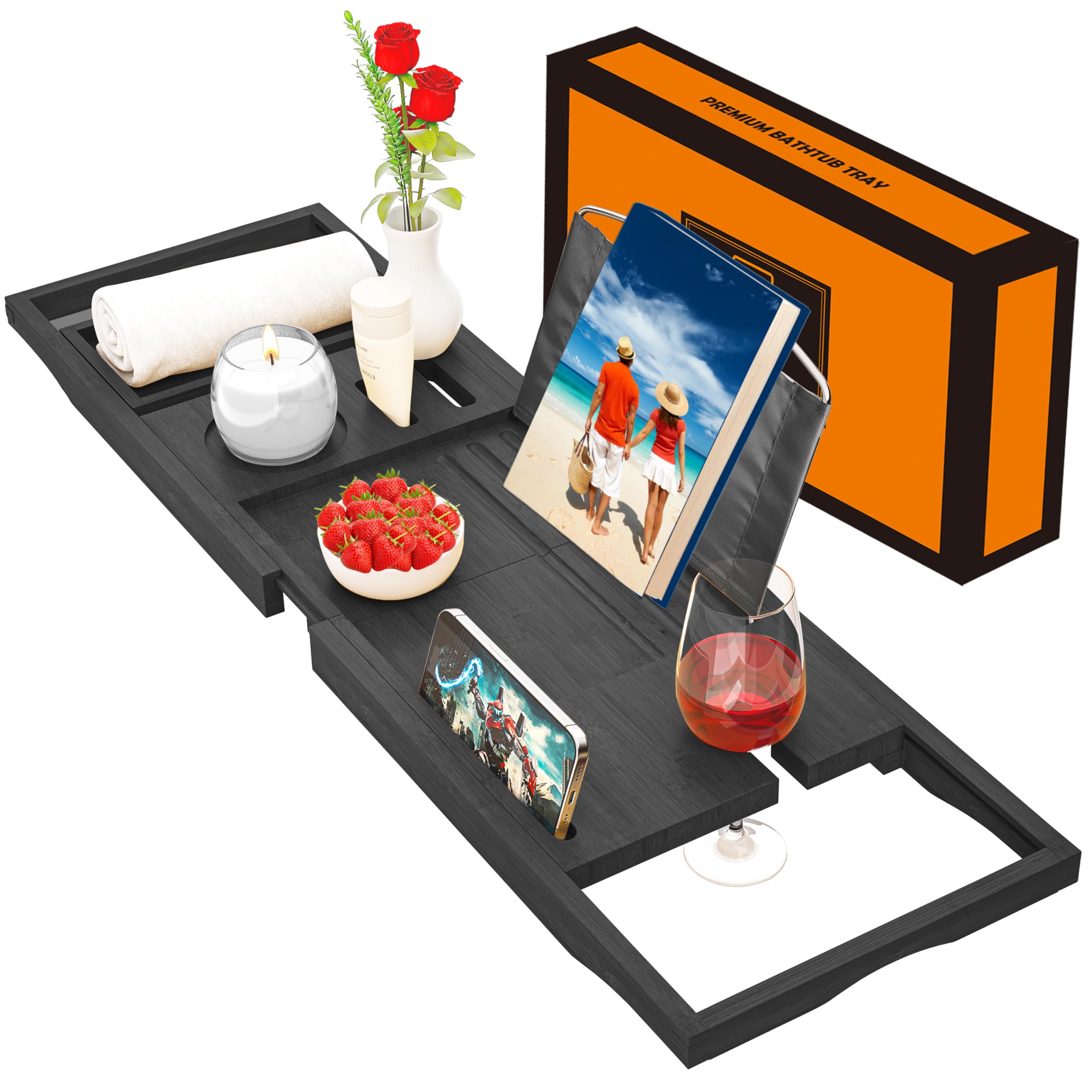 Premium Bathtub Tray Caddy - Bath Tray Expandable - Bath Tub Tray Table for Bathtub, Bamboo Wooden, Fits Most Bath Tubs