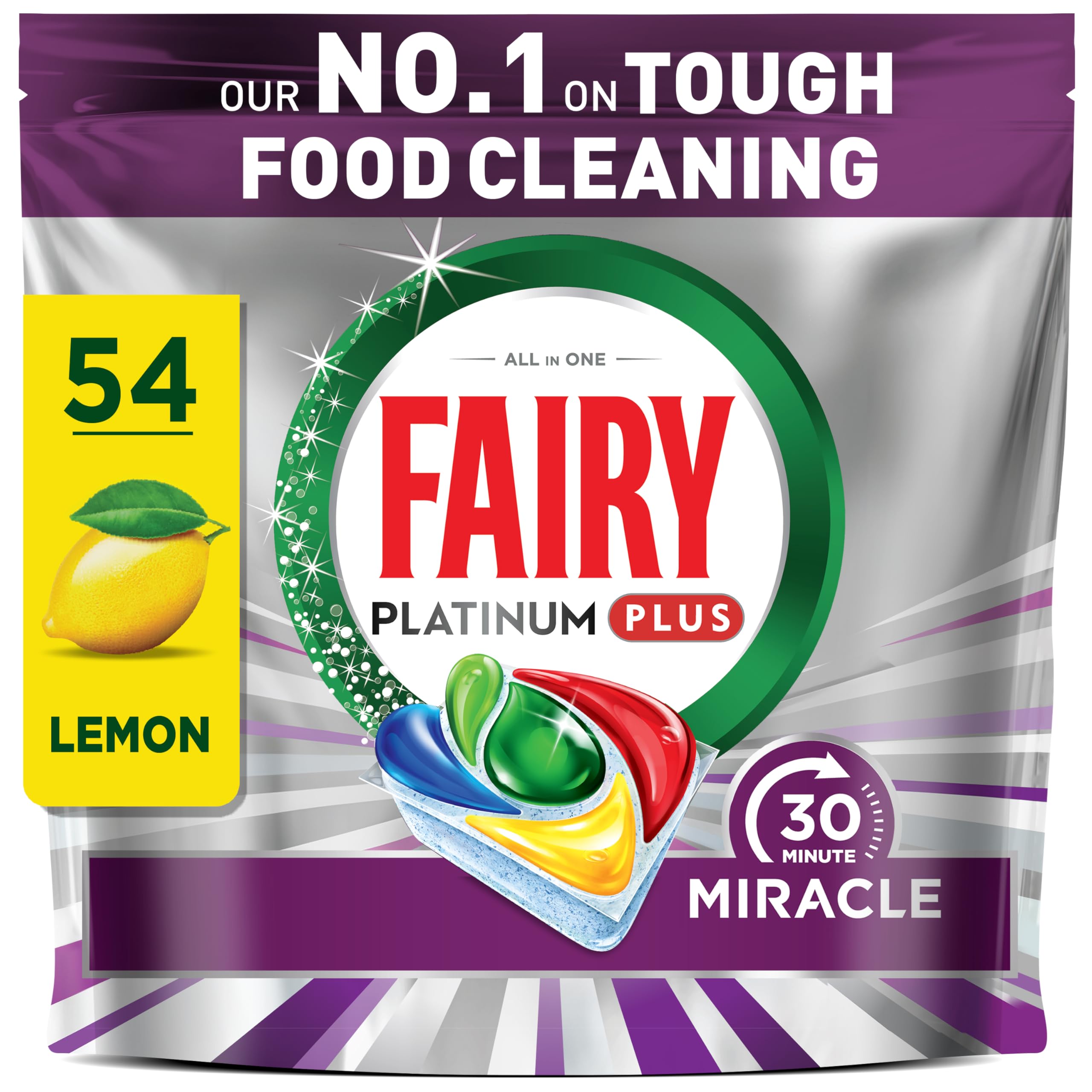 Fairy 30 Minute Miracle Platinum Plus Dishwasher Tablets, 54 Capsules, Fairy N.1 in Tough Food Cleaning, Dishwasher Cleaner