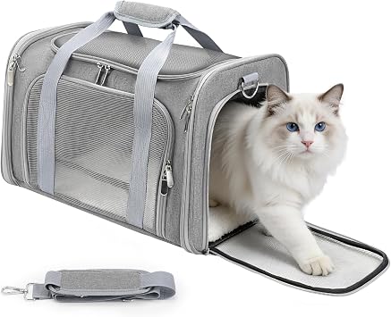 Cat Carrier Soft, Dog Carriers for Small Dogs/Large Cats (Up to 16lbs), with High Breathability, Shoulder Strap, Removable Pad, Pet Carrier Airline Approved, for Home Outdoor Travel (Gray)