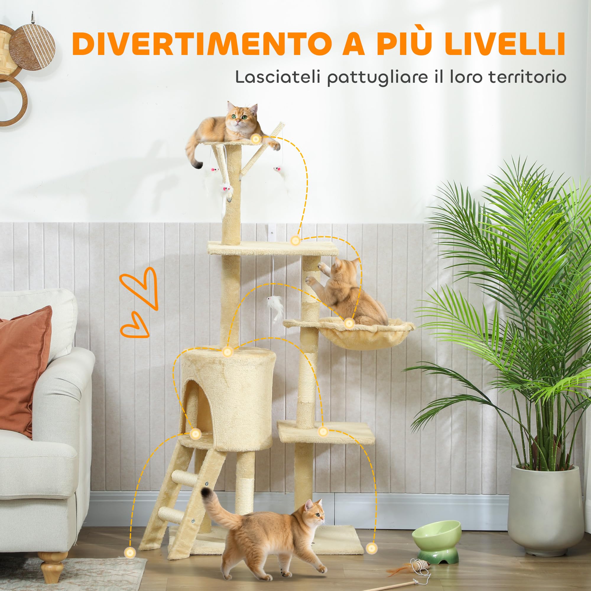 PawHut Albero Tiragraffi con Cuccia per Gatti in Legno Sisal Naturale, Beige, 40x30x131cm | Albero per Gatti Multilivello, 3 Pali Graffiatoi in Sisal, 4 Topolini Appesi, Piattaforme, Scala, Torre per Gattini, Peluche