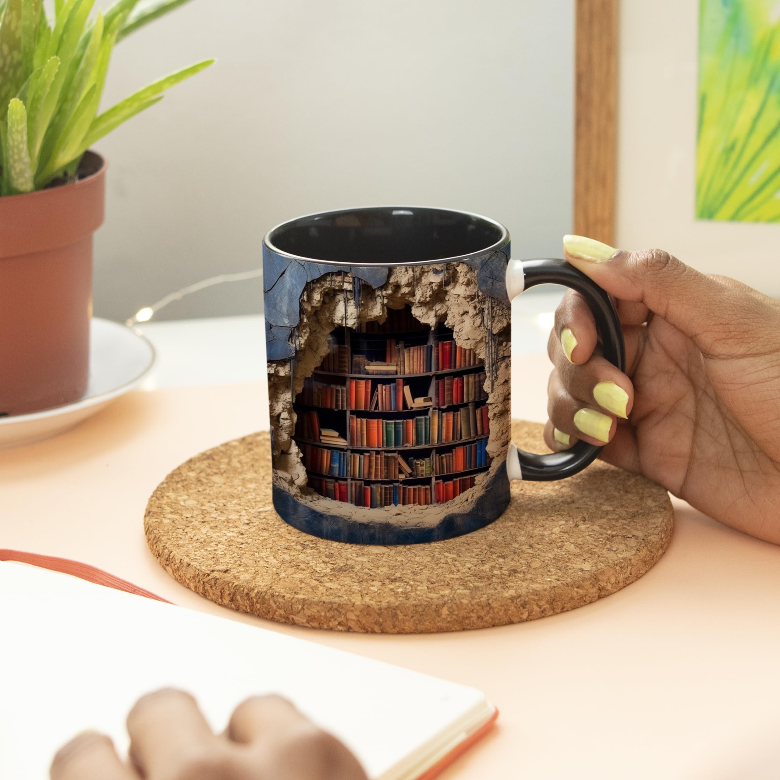 Kadiak Book Lover Coffee Mug 15 Oz - Bookshelf Design Ceramic Mug For Readers, Christmas Or Birthday Gift