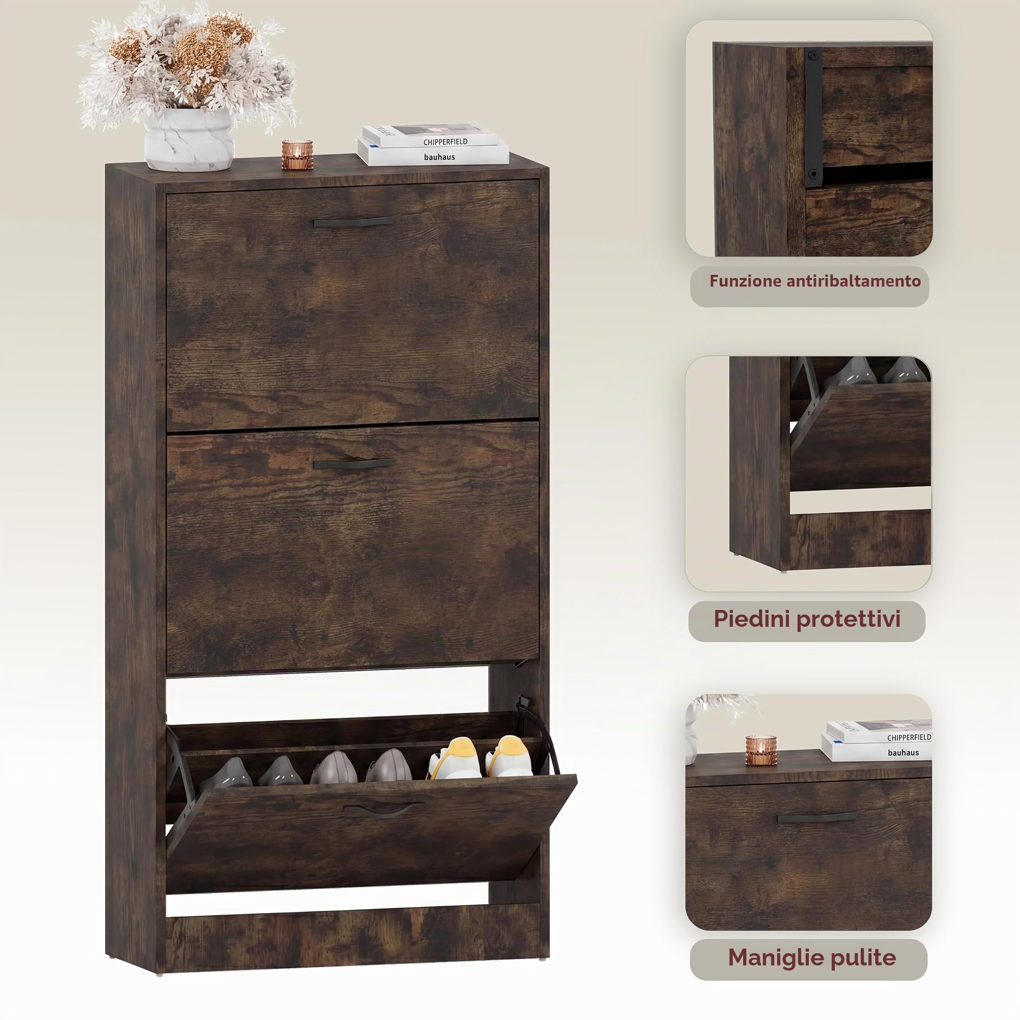 Vida Designs Scarpiera con 3 cassetti, in legno scuro