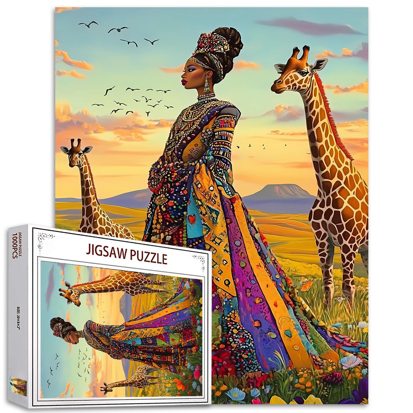 1000 Piece Jigsaw Puzzles for Adults Africa Black Girl Painting Jigsaw Puzzle Animal Giraffe 1000 Pieces Puzzles Game Afro-America Woman Decor DIY Craft Room Decor Wildlife Puzzle Art Gift(Colorful)
