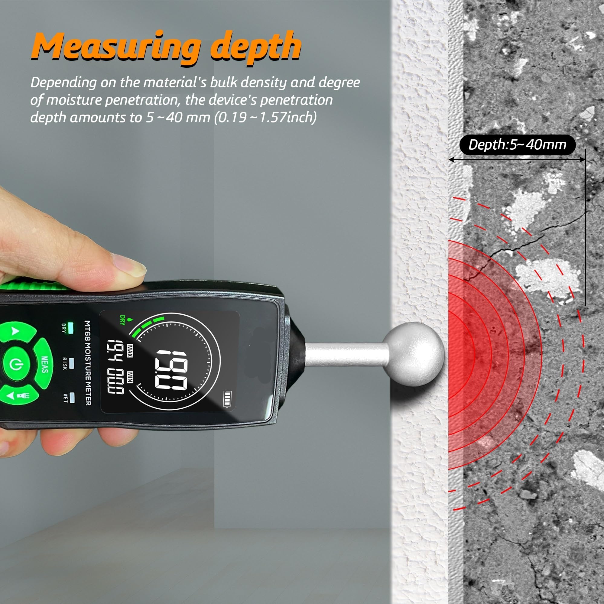 Luftqualitätsmonitor, MT68 Digitales Holzfeuchtemessgerät, berührungsloser Holzfeuchtigkeitsdetektor, LCD-Bildschirm, Hygrometer-Alarm