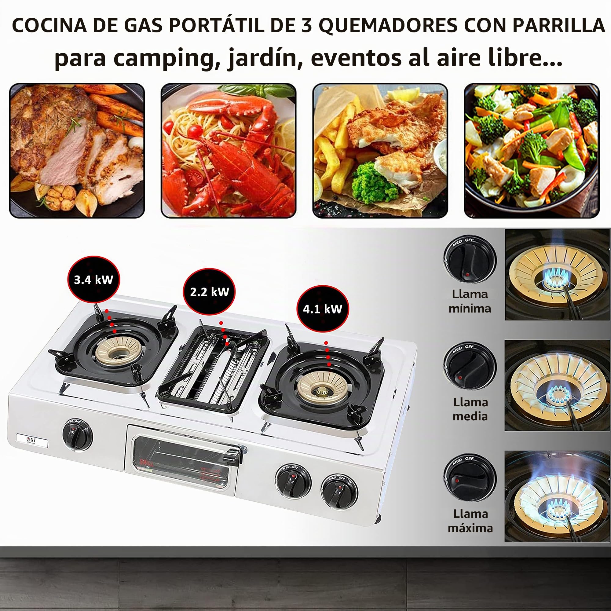 NJ GC-87 – Placa de cocción a gas, con 2 quemadores, parrilla y horno, superficie de acero inoxidable, para uso al aire libre
