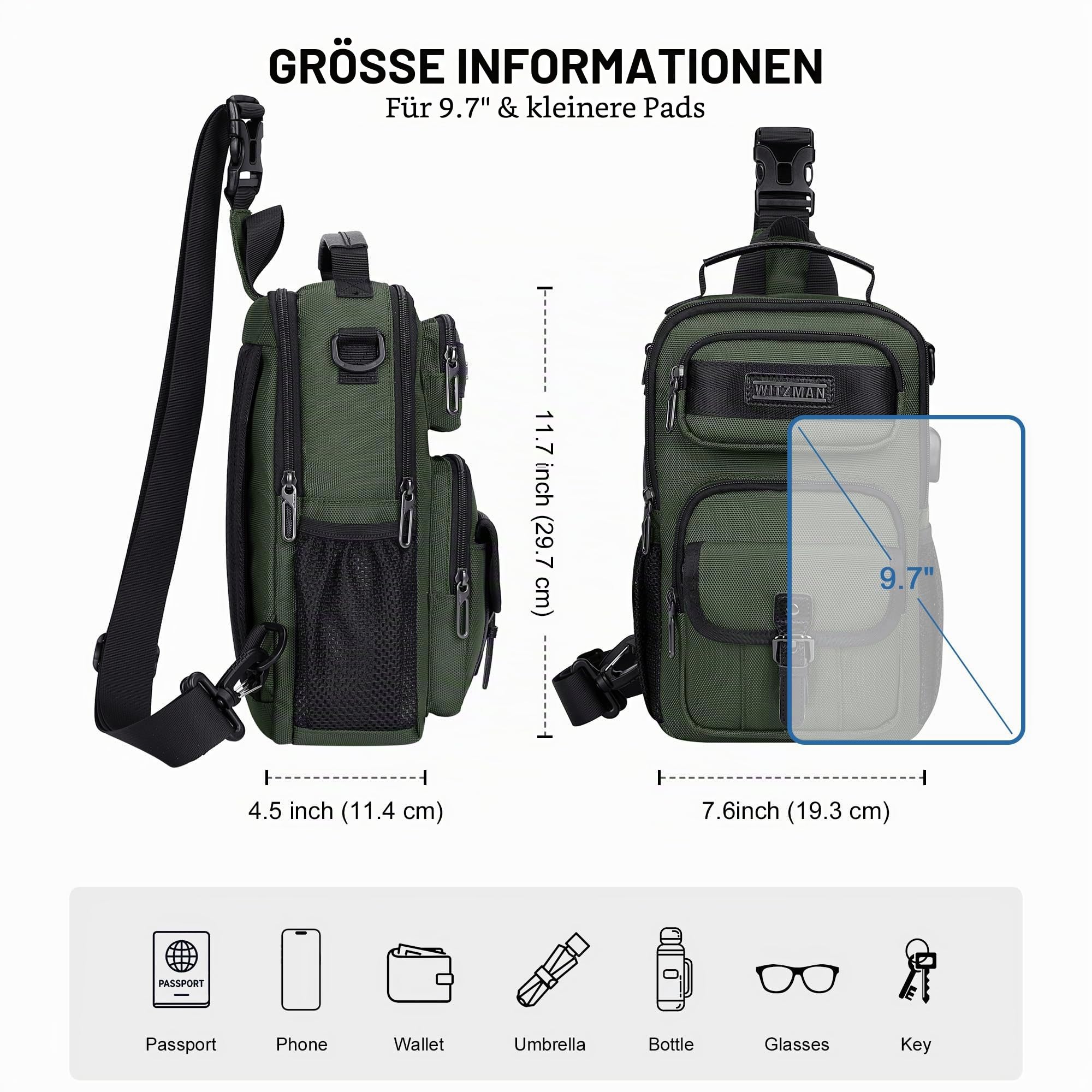 WITZMAN Umhängetasche für Herren, umwandelbarer Sling-Rucksack mit USB-Port
