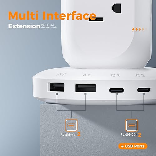 Miniatura 5 de TESSAN - Regleta de alimentación con protector de sobretensiones, cable de extensión de enchufe plano de 6 pies, estación de carga con 9 tomas de