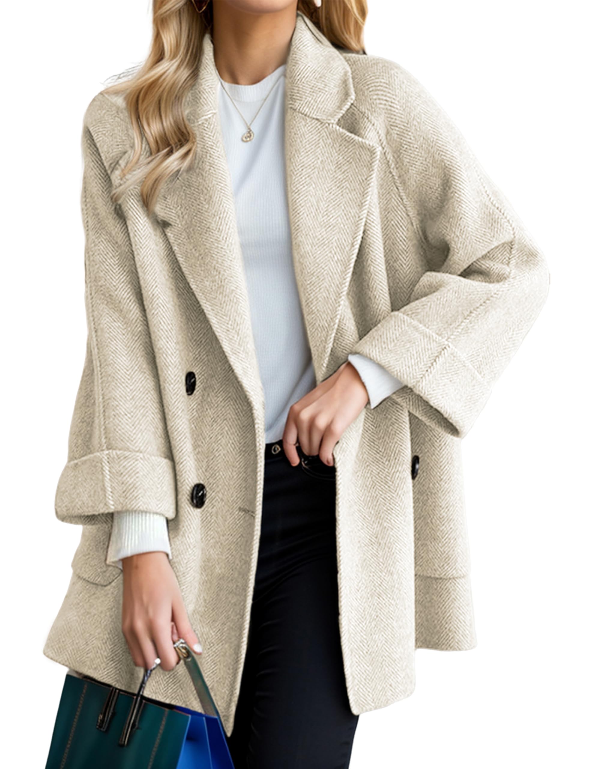 BankengWomen's Winter Wool Blend Coat Notch Lapel Double Breasted Peacoat Loose Warm Coat Mid-Long Outerwear