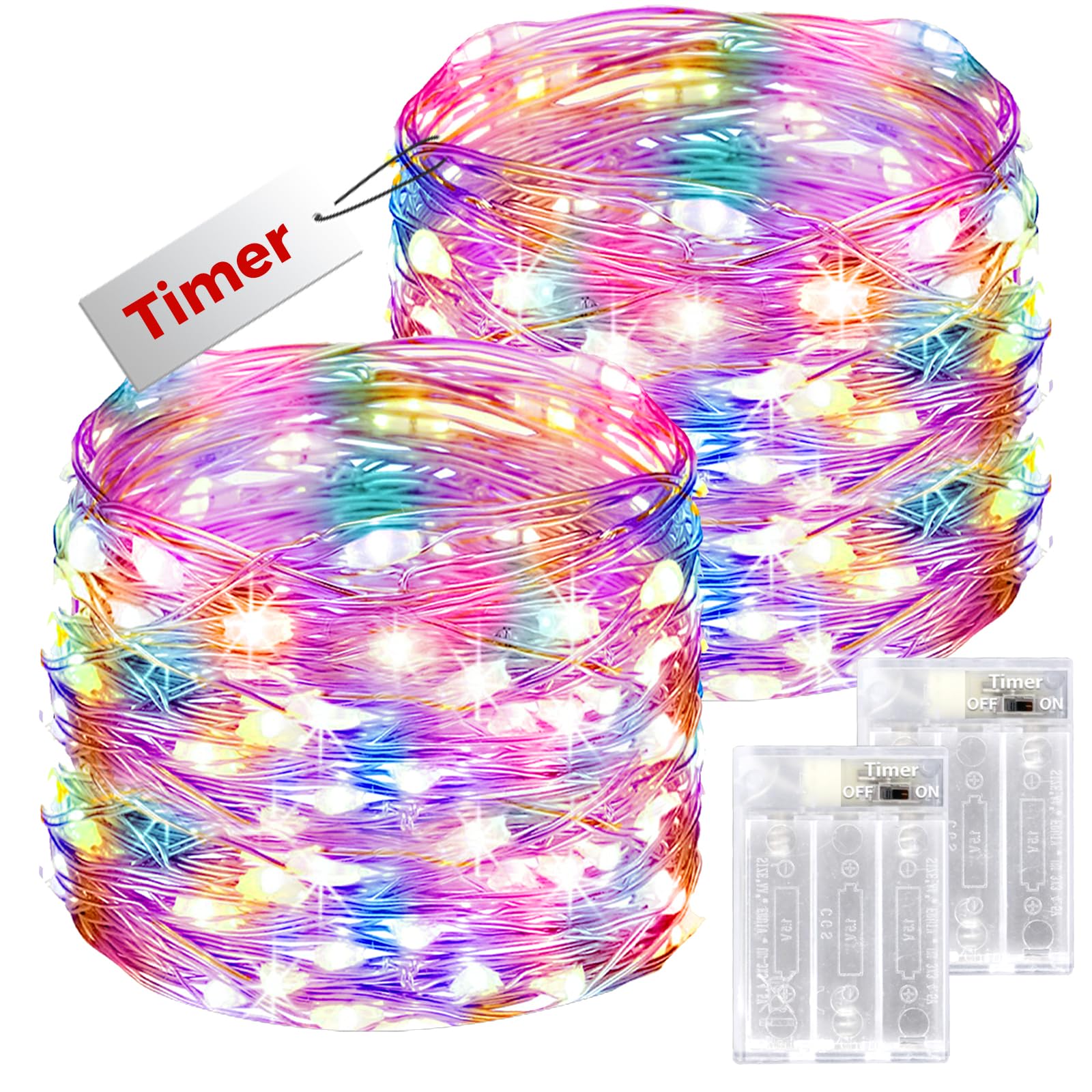 bitjam 12M 120LED Battery Fairy Lights with Timer, 2 Pack Fairy String Light Battery Operated, Waterproof Copper Wire Christmas Decor Battery Powered Indoor for Wedding Party Bedroom Garden-Multicolor