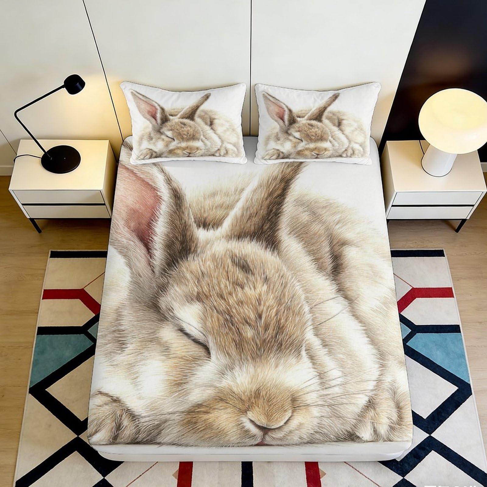 3D Printed Sleeping Bunny Fitted Sheet Microfiber Soft Durable Sleeping Rabbit Mattress Cover for Bedroom Dormitory Guest Room Mattress Protection 120x200x25cm