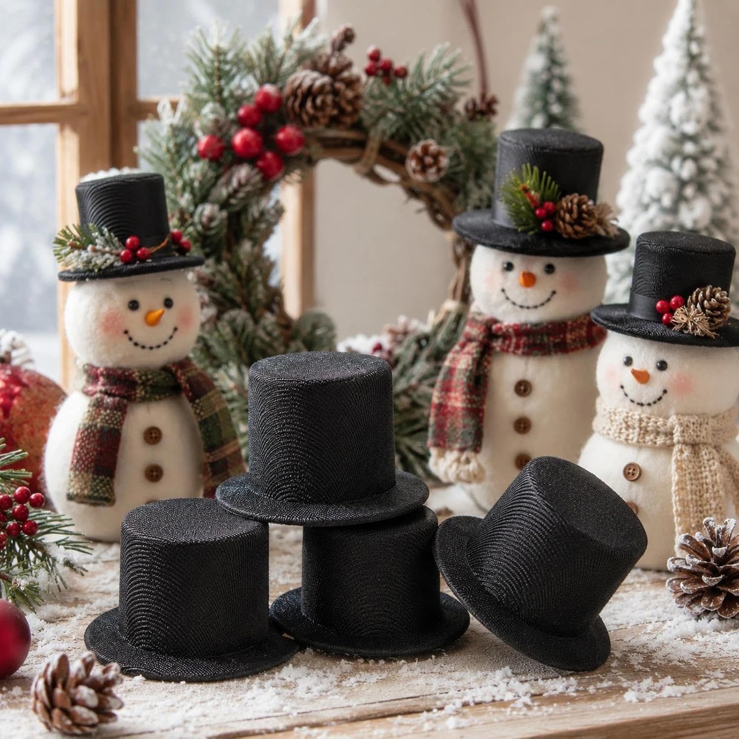 LOGOFUN 4 Pcs Mini Snowman Doll Hat for DIY Crafts Decoration Black | Miniature Black Top Hats; Tiny Black Formal Hats; Christmas Snowman Costume Accessories
