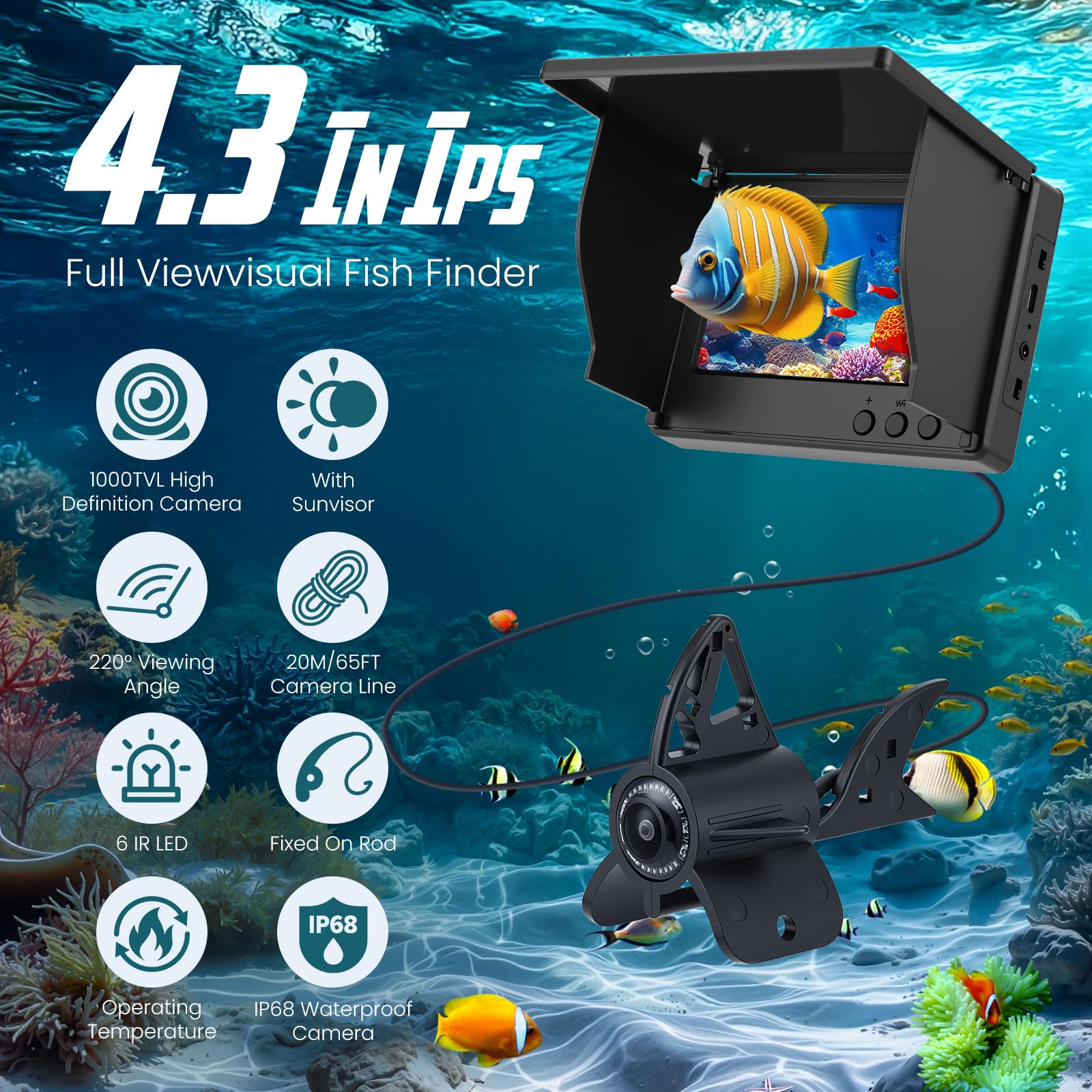 Sonar bathymètre, Fishfinder 4,3 pouces HD caméra sous-marine de pêche avec câble de 30 m, étanche IP65, batterie 5000 mAh, caméra sous-marine de pêche de nuit pour la pêche en mer, la pêche en