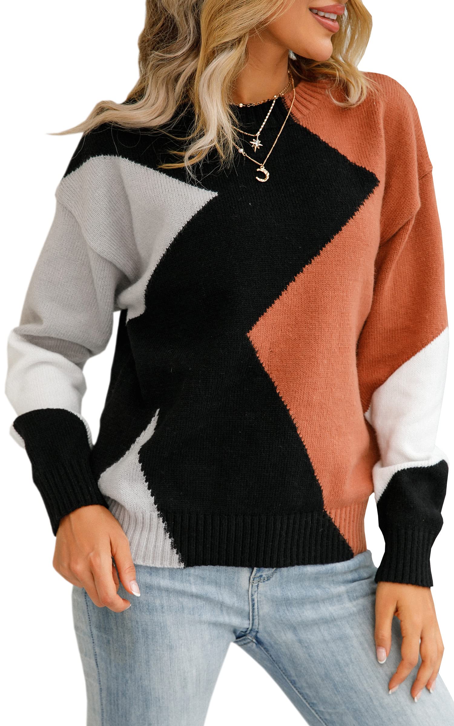 ASOMI Women's Knitted Jumper, Striped Chequered: Elegant Turtleneck Pullover, Winter Jumper, Warm Autumn Knitted Jumper, Casual Crew Neck, Colour Block Jumper, Long Sleeve, Fashion Transition Jumper