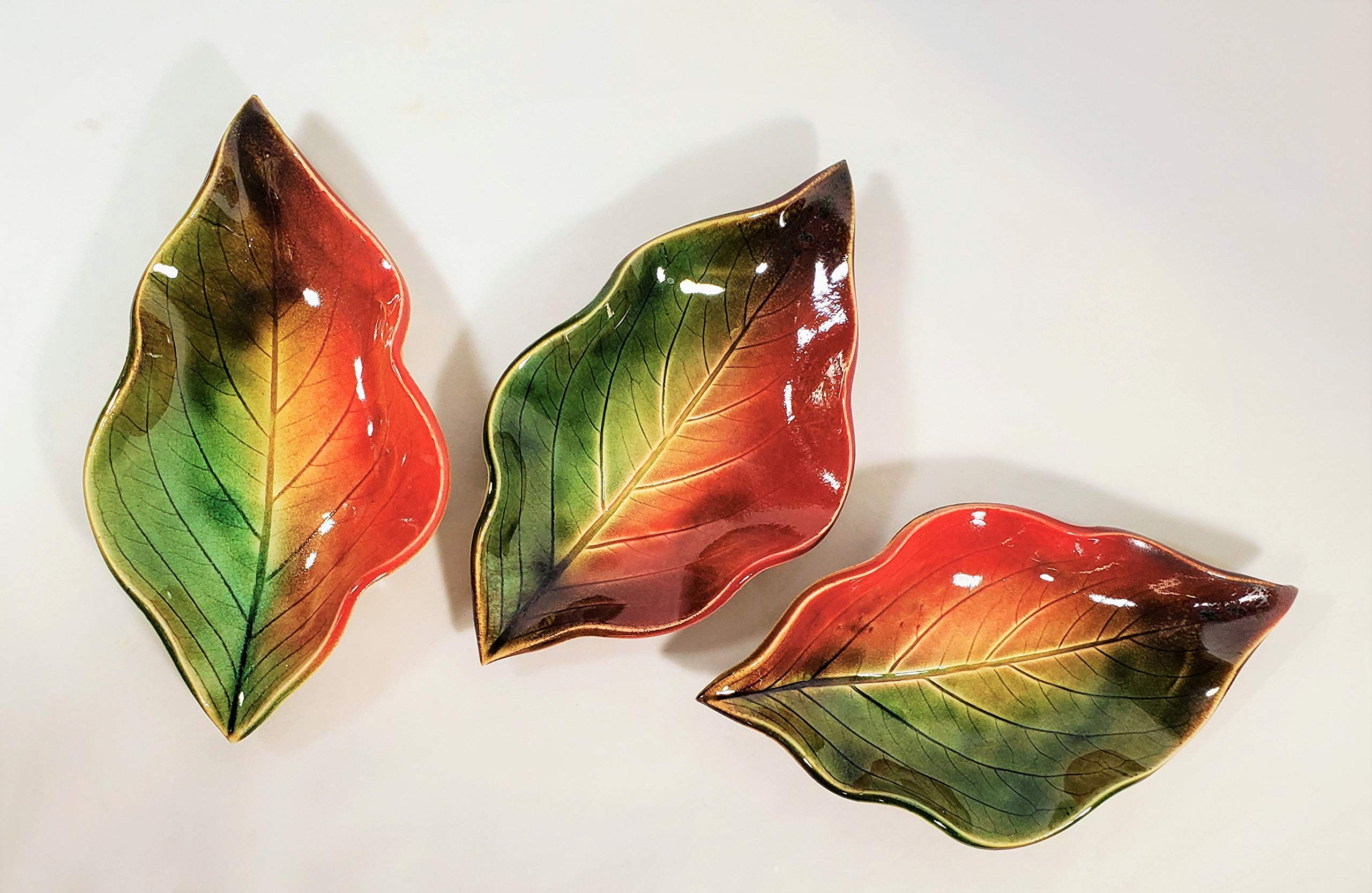 Earthen Vessels Pottery, Handmade Stoneware Hydrangea Leaf 3 Piece Dish Set or Spoon Rest In Festive Fall Colors