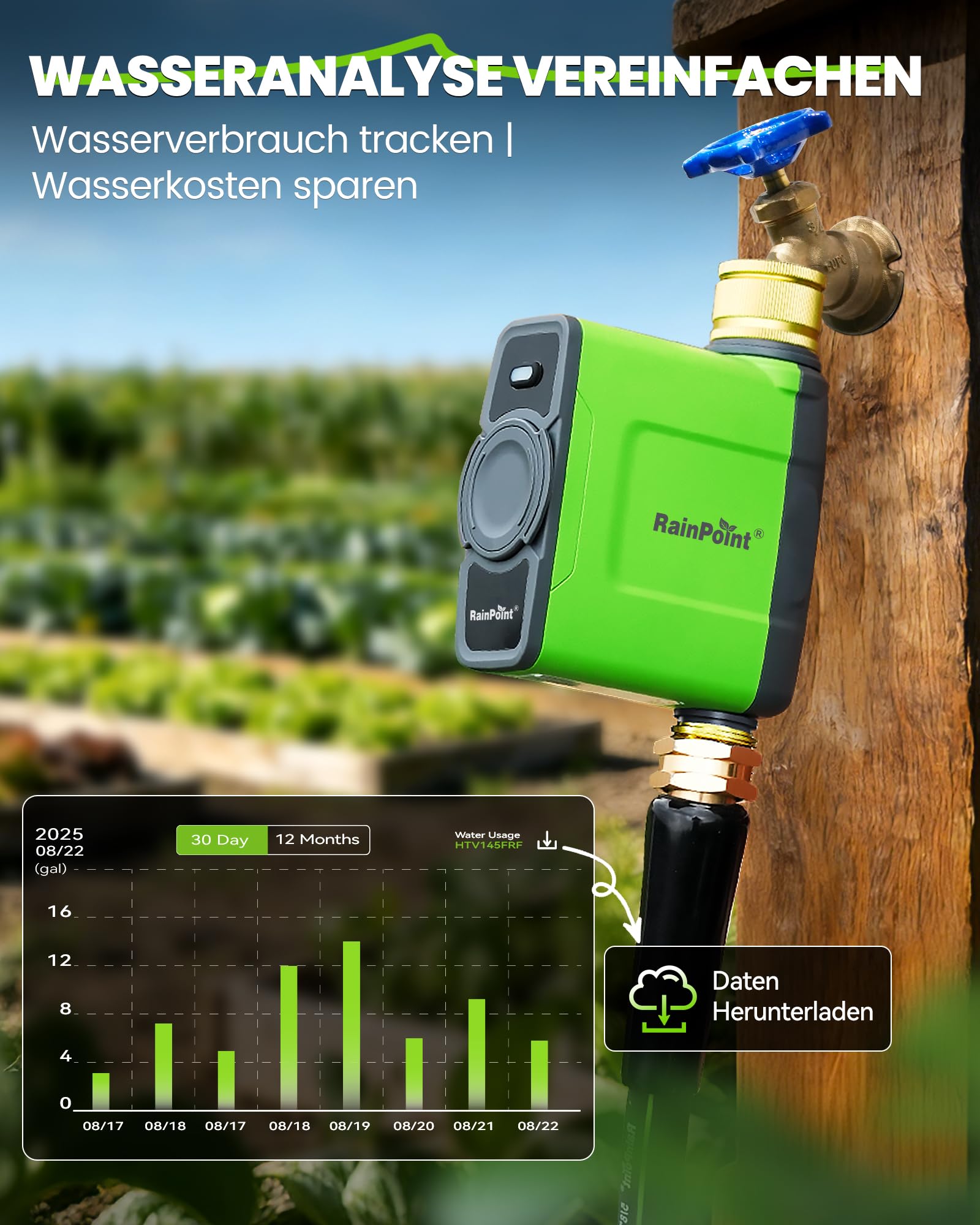 RAINPOINT Bewässerungscomputer WLAN mit Messing Einlass und Auslass, Smart Bewässerungssteuerung, APP/Sprachsteuerung, Wetterbasiert, Automatisches Bewässerung für Garten Rasen, 6 Zeitplänen
